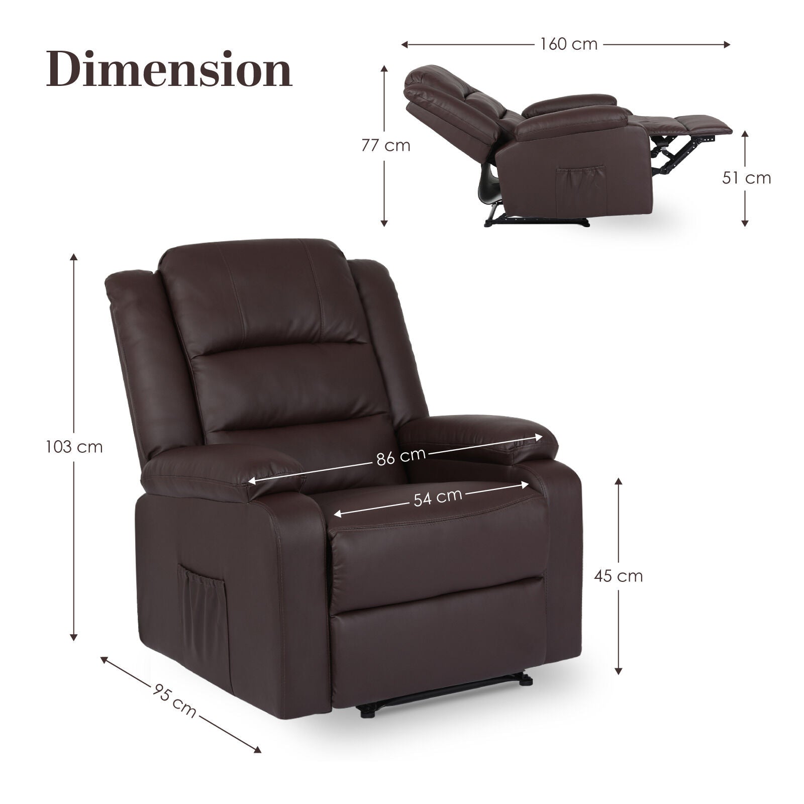 Home Recliner Chair - PU Leather Sofa Lounge Armchair MARLO BROWN 11