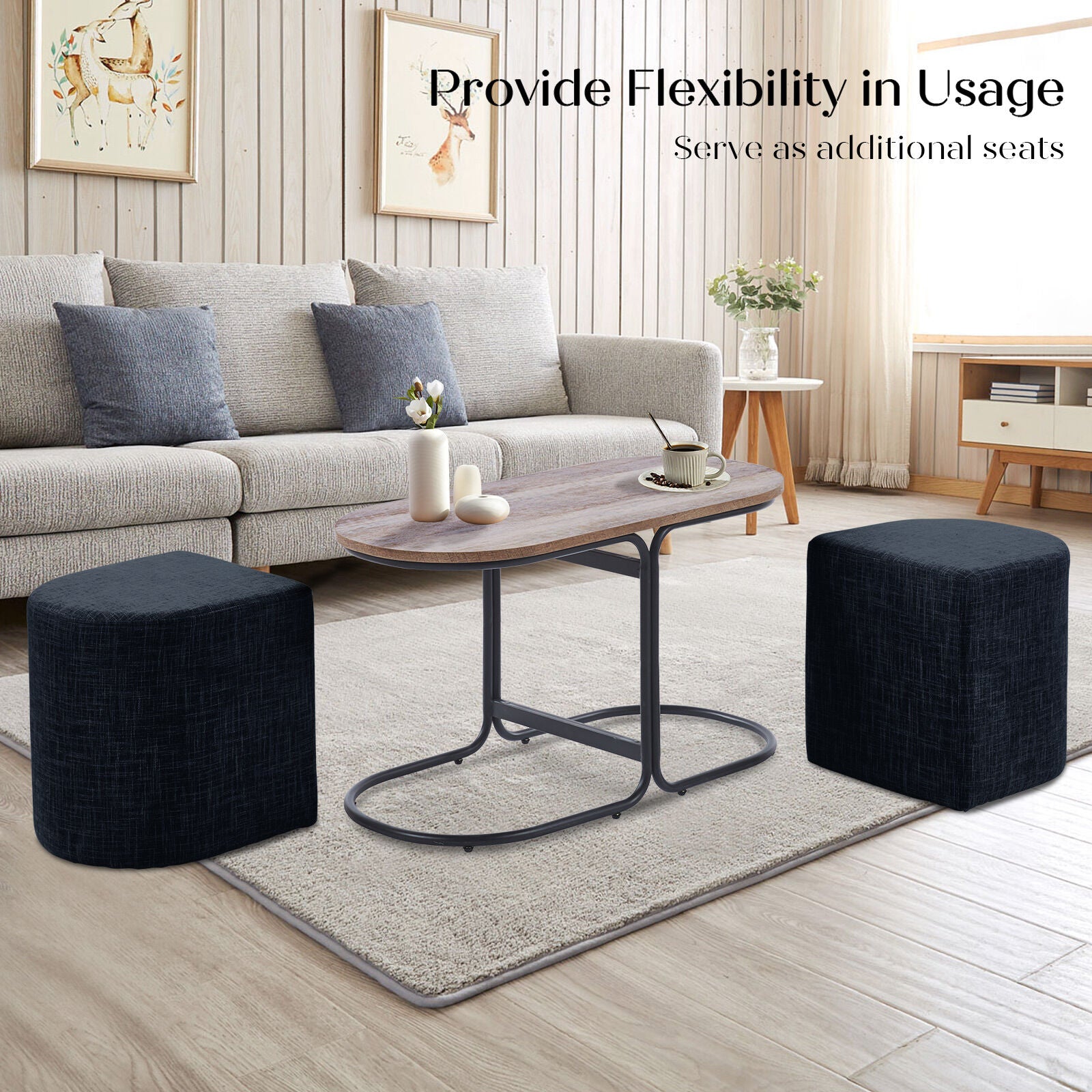 3 Piece Set Coffee Table & Ottoman Wood Side End Table Industrial - Black 3