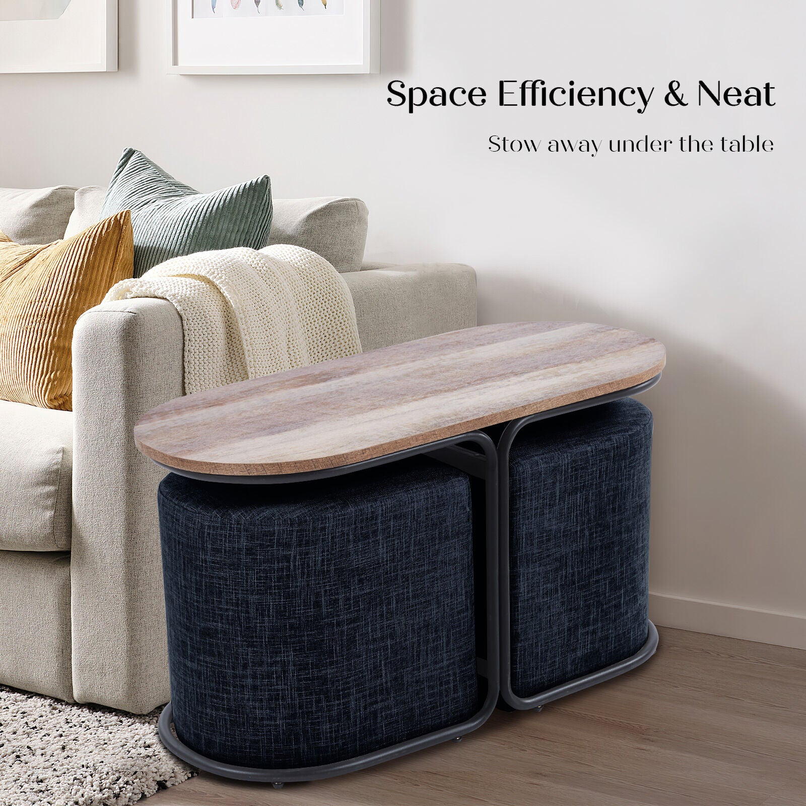 3 Piece Set Coffee Table & Ottoman Wood Side End Table Industrial - Black 7