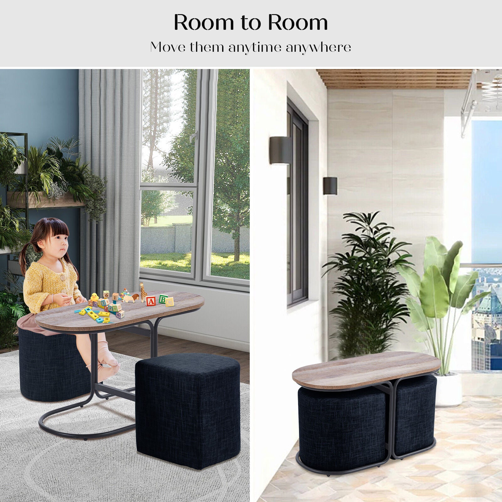 3 Piece Set Coffee Table & Ottoman Wood Side End Table Industrial - Black 8