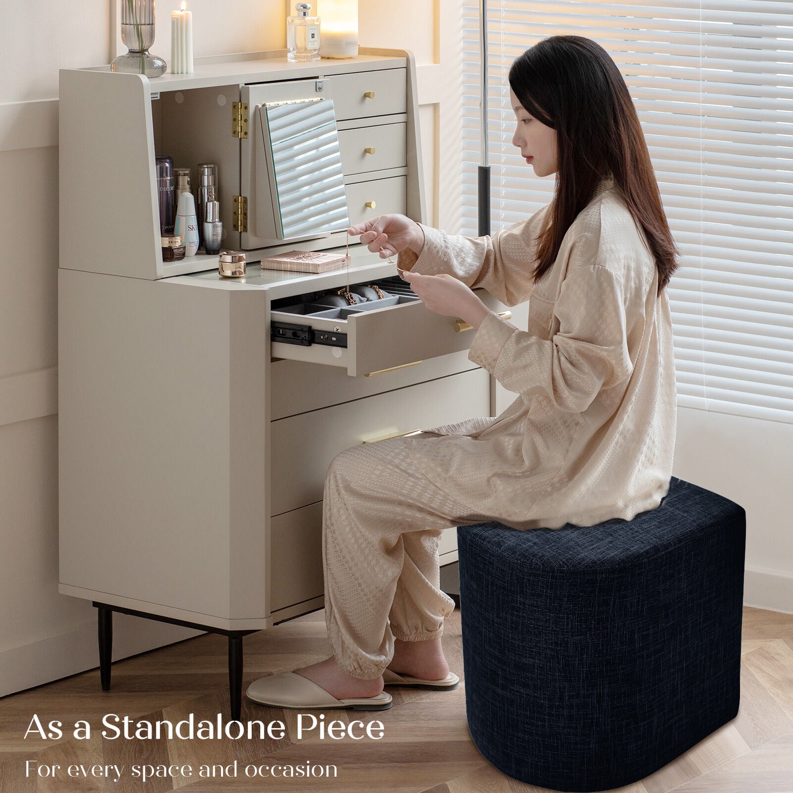 3 Piece Set Coffee Table & Ottoman Wood Side End Table Industrial - Black 10