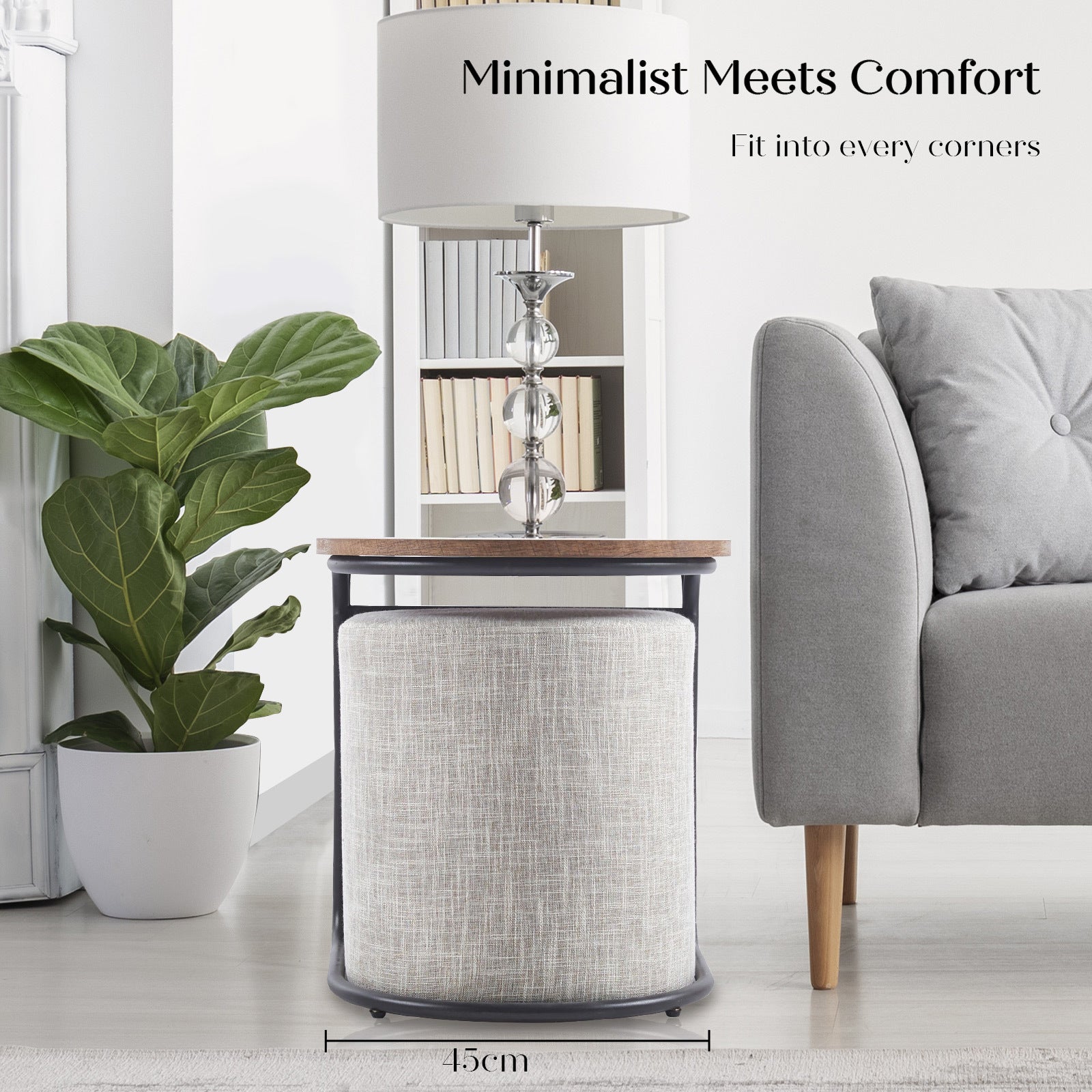 3 Piece Set Coffee Table & Ottoman Wood Side End Table Industrial - CREAM GREY 5