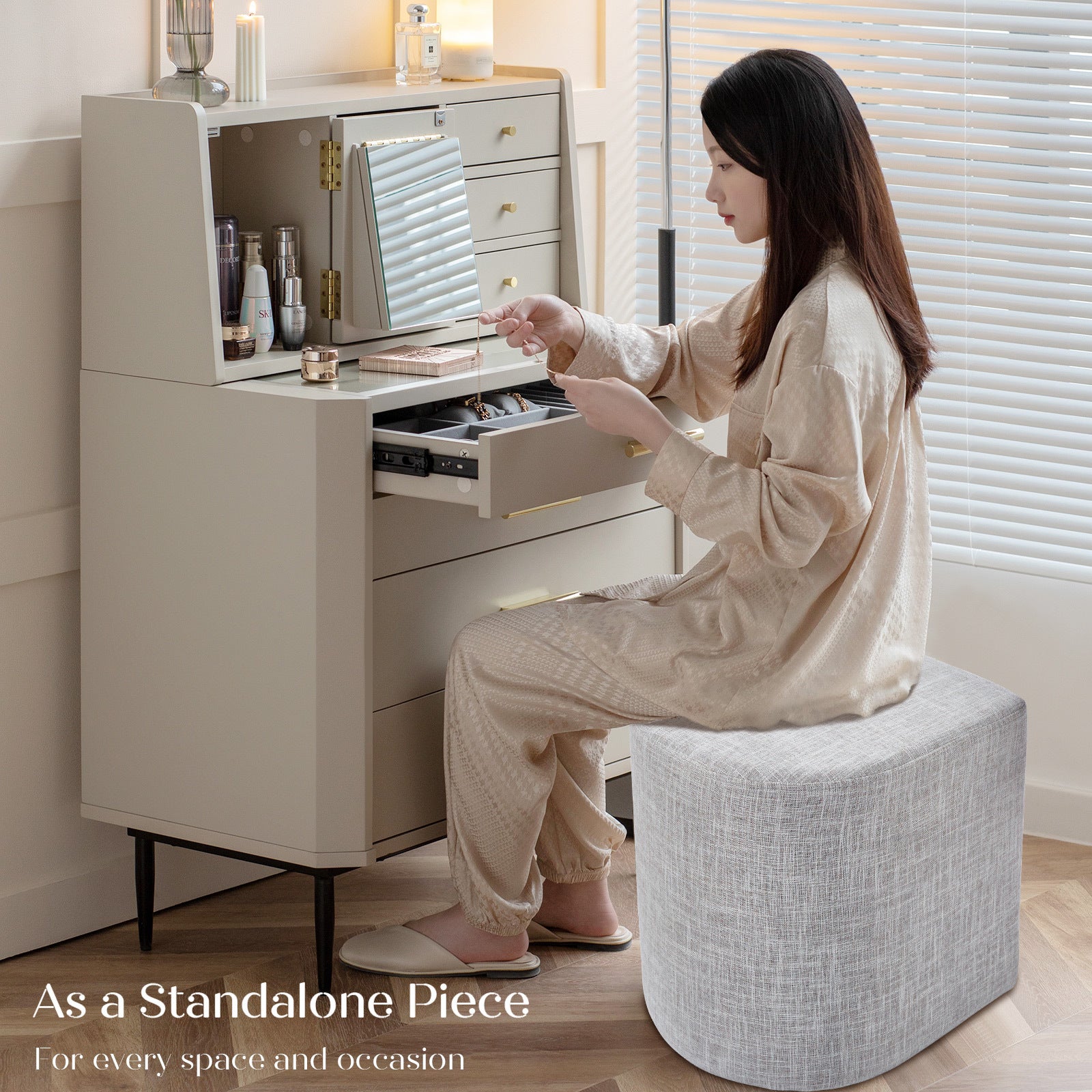 3 Piece Set Coffee Table & Ottoman Wood Side End Table Industrial - CREAM GREY 9