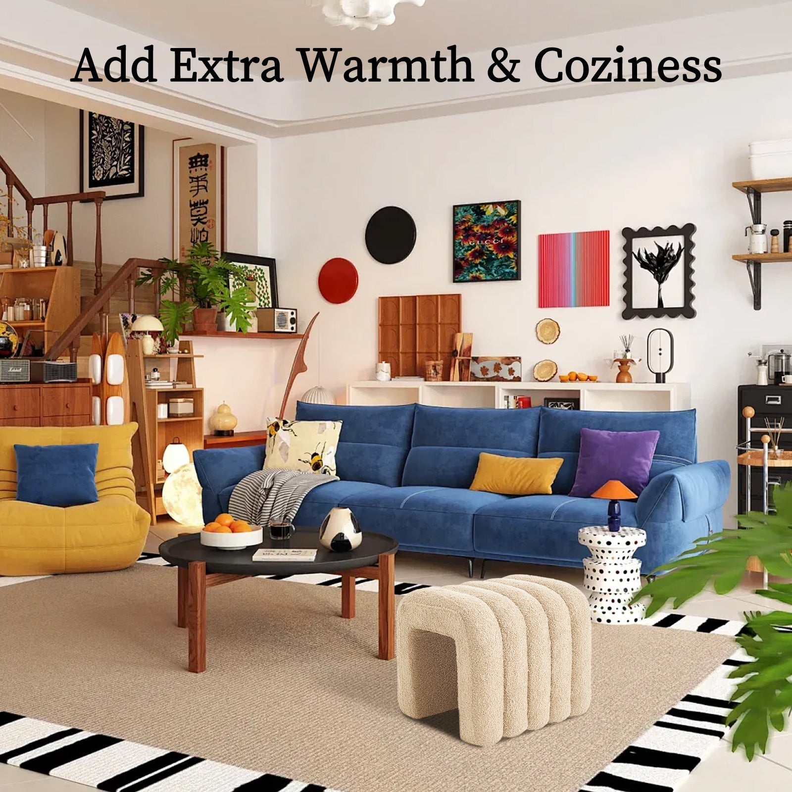 Ridge Arch Ottoman Stool Teddy Fleece Fabric Foot Rest 45cm BEIGE 6