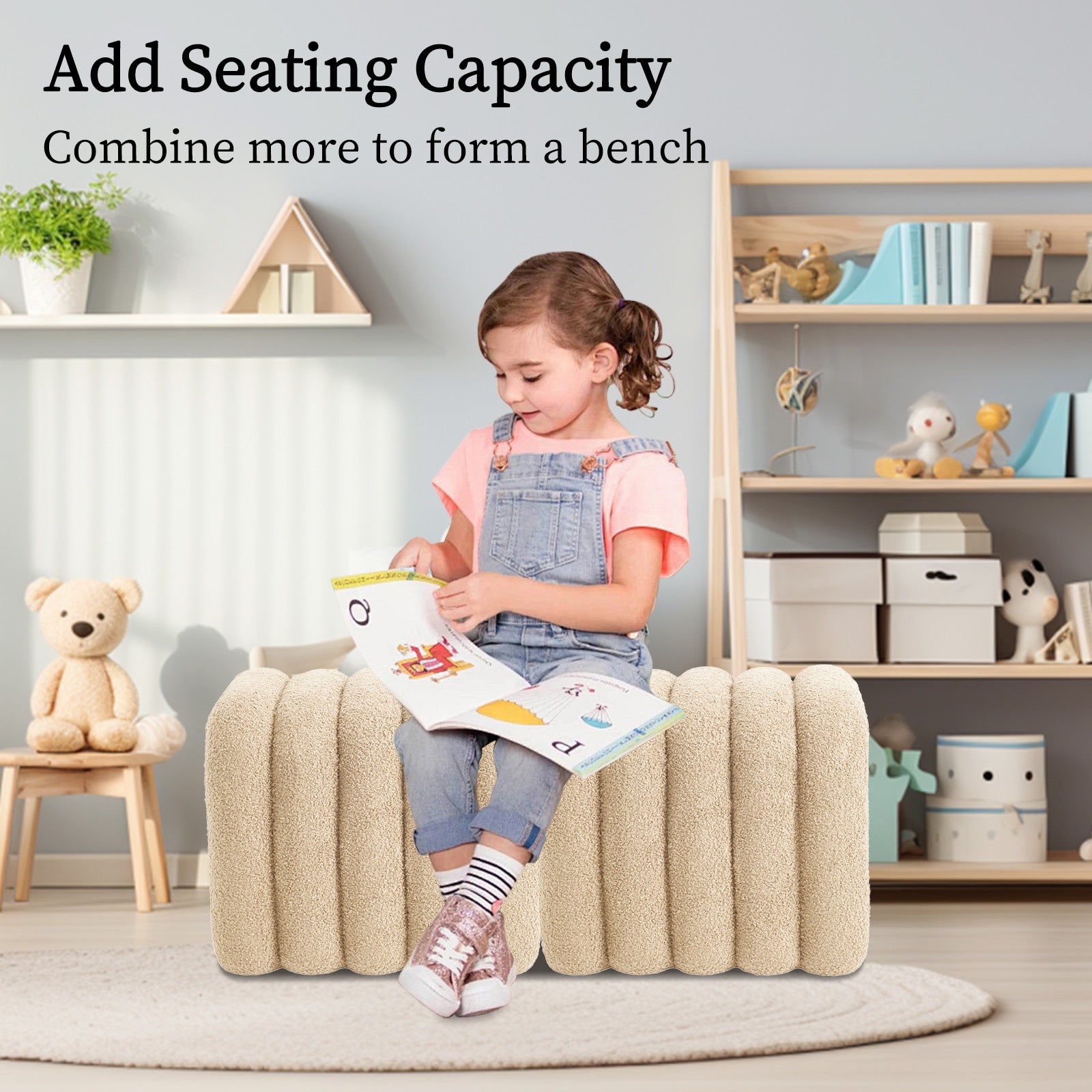 2X Ridge Arch Ottoman Stool Teddy Fleece Fabric Foot Rest 45cm BEIGE 7