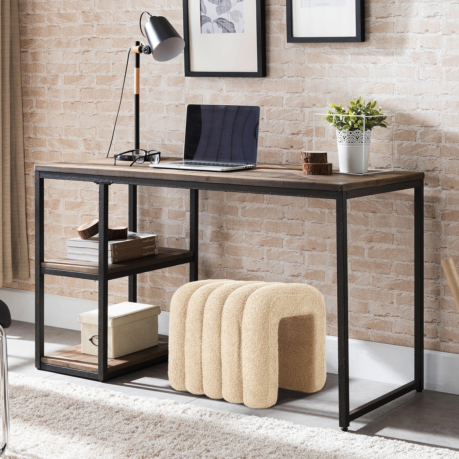 2X Ridge Arch Ottoman Stool Teddy Fleece Fabric Foot Rest 45cm BEIGE 11