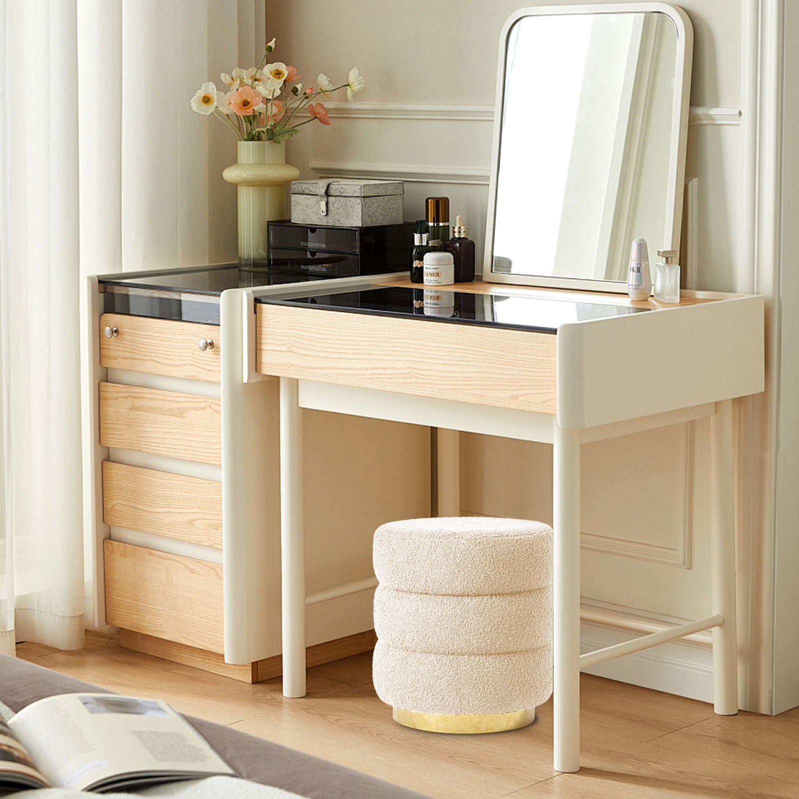 Round Stacked Ottoman Stool Teddy Fleece Fabric Foot Rest 38cm BEIGE 3