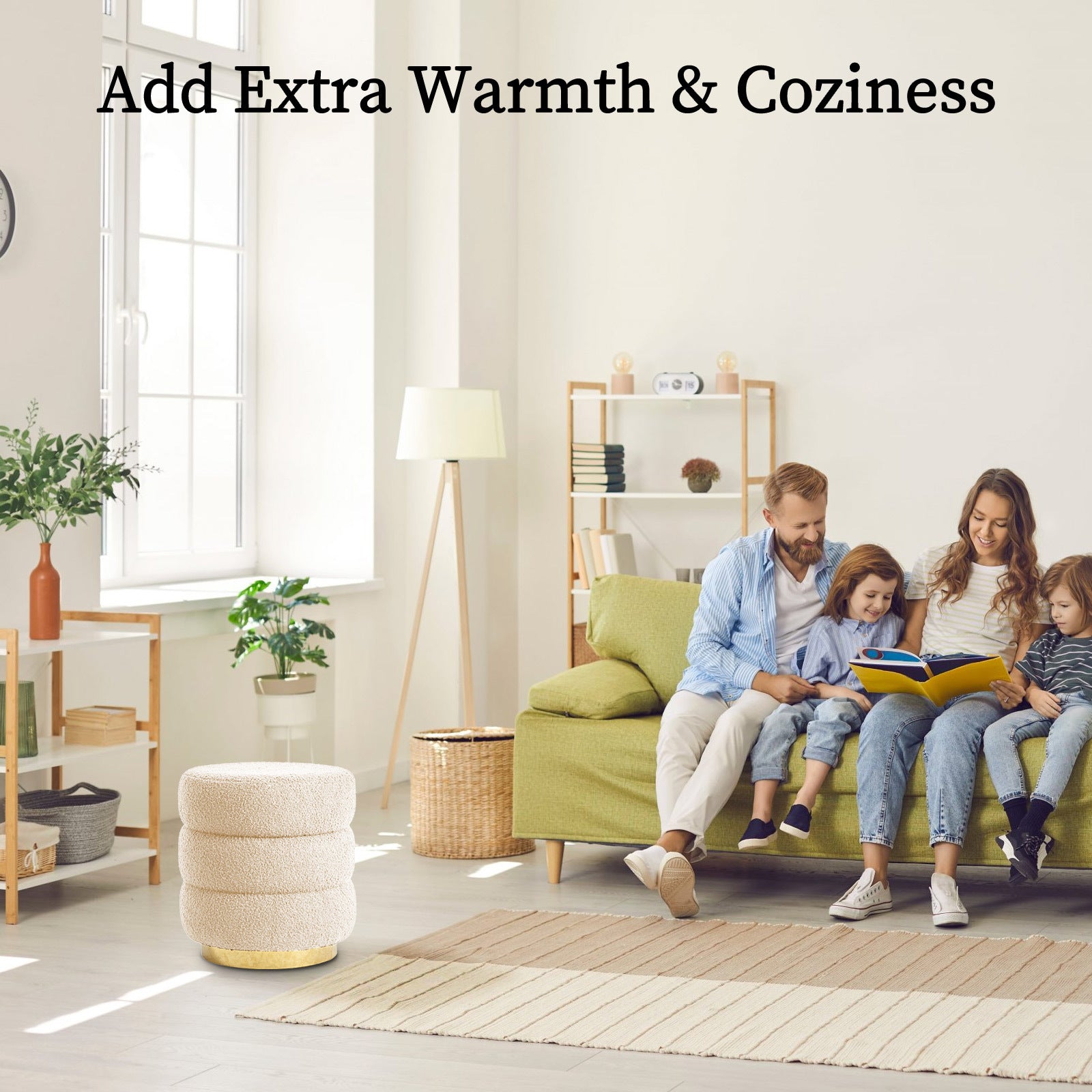 Round Stacked Ottoman Stool Teddy Fleece Fabric Foot Rest 38cm BEIGE 9