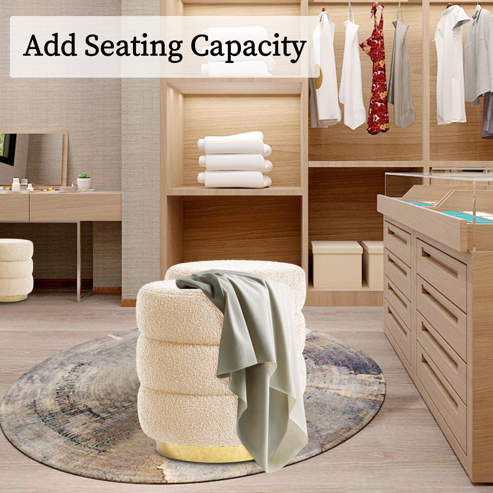 Round Stacked Ottoman Stool Teddy Fleece Fabric Foot Rest 38cm BEIGE 11