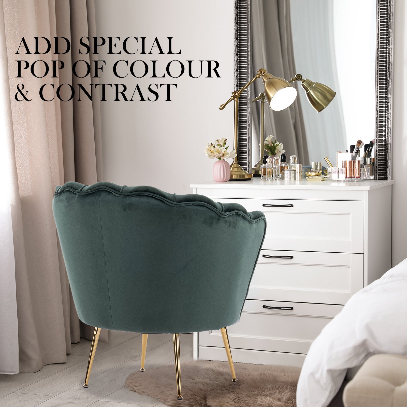 Armchair Lounge Chair Accent Velvet Shell Scallop + Ottoman Footstool Round GREEN 5