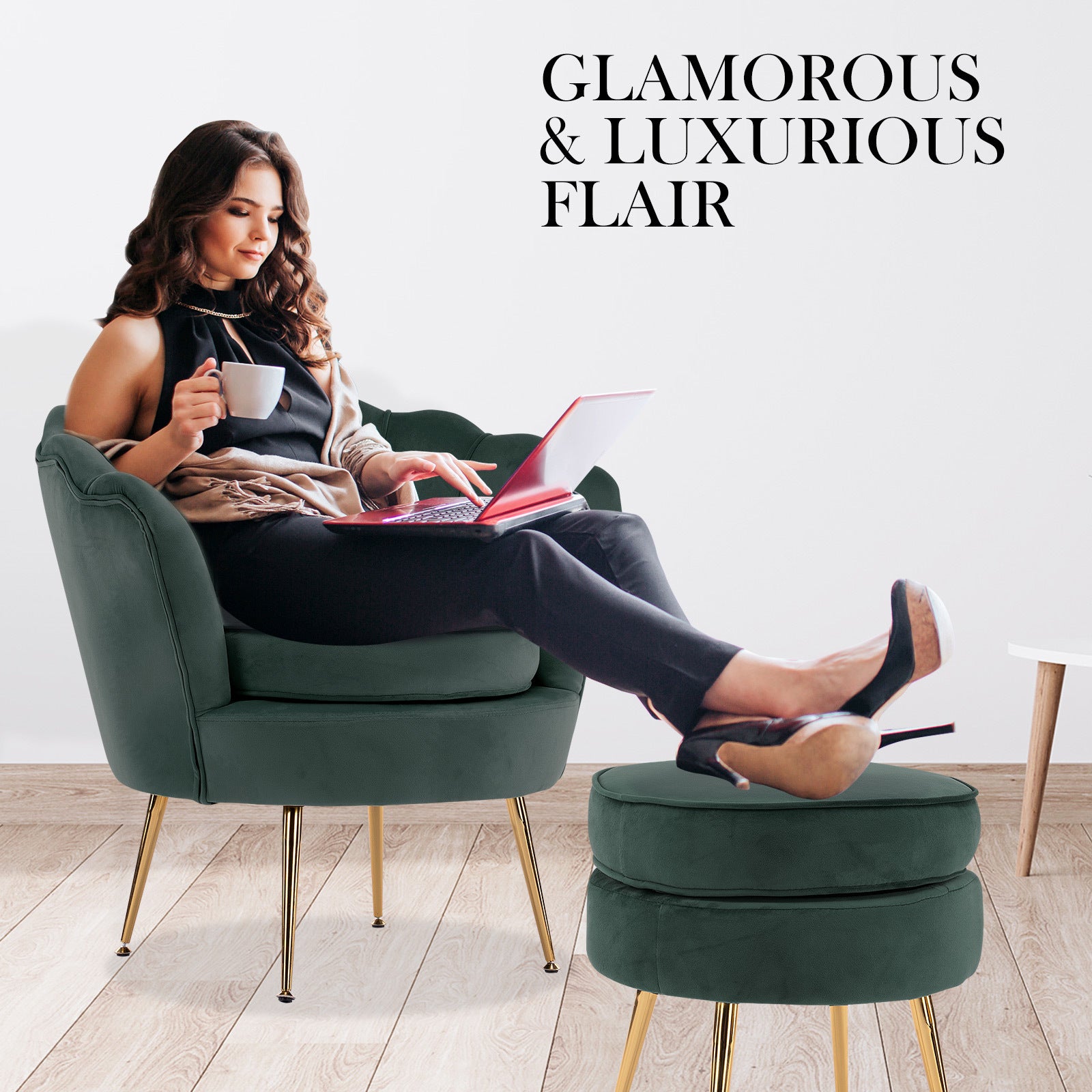 Armchair Lounge Chair Accent Velvet Shell Scallop + Ottoman Footstool Round GREEN 7