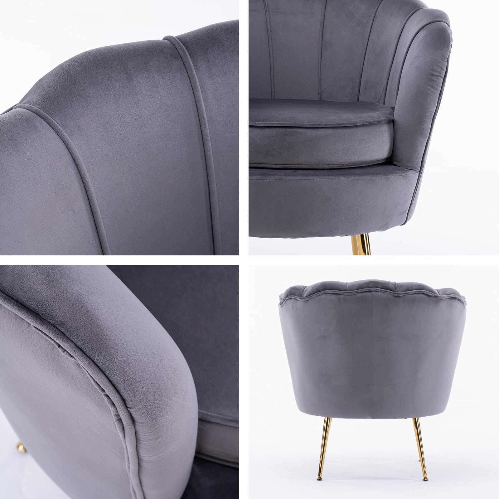 Armchair Lounge Chair Accent Velvet Shell Scallop + Ottoman Footstool Round GREY 3