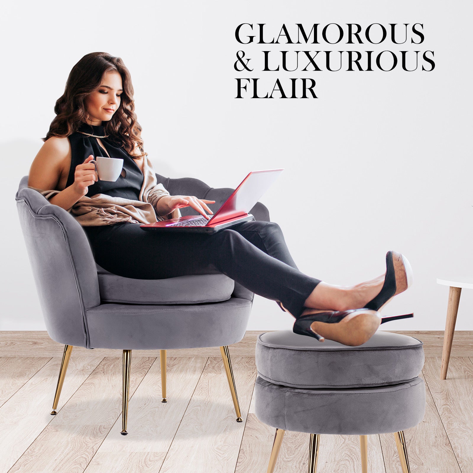 Armchair Lounge Chair Accent Velvet Shell Scallop + Ottoman Footstool Round GREY 7