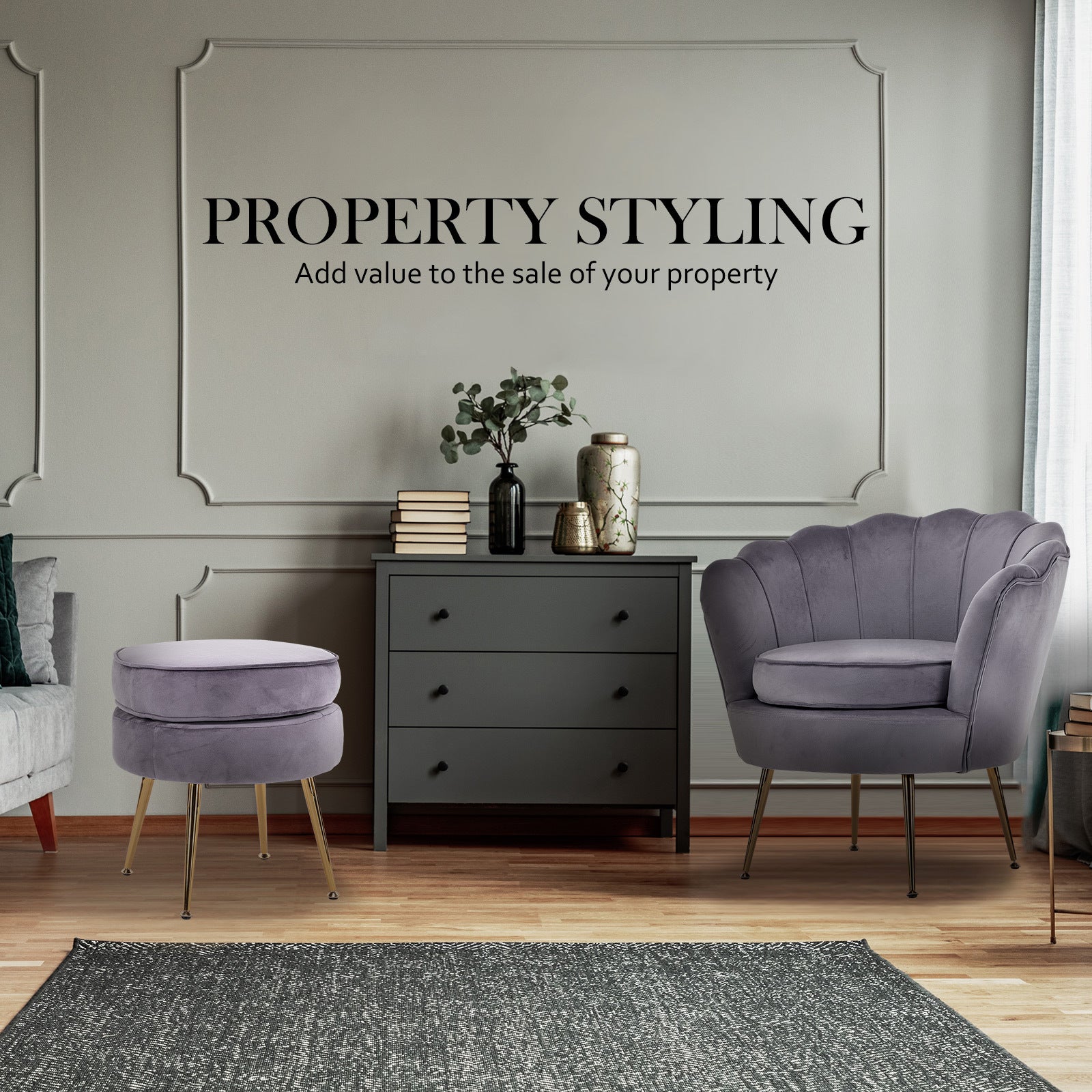 Armchair Lounge Chair Accent Velvet Shell Scallop + Ottoman Footstool Round GREY 10