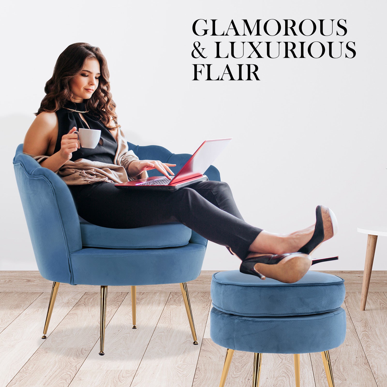 Armchair Lounge Chair Accent Velvet Shell Scallop + Ottoman Footstool Round NAVY BLUE 7