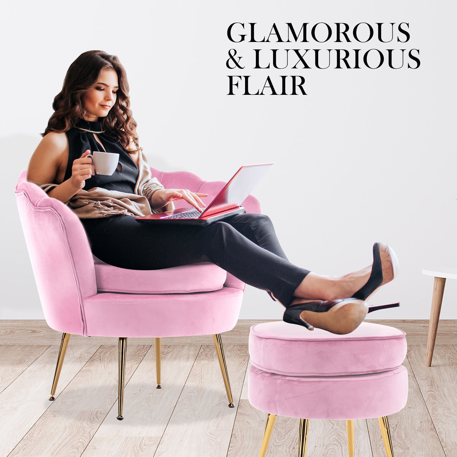 Armchair Lounge Chair Accent Velvet Shell Scallop + Round Ottoman Footstool PINK 7