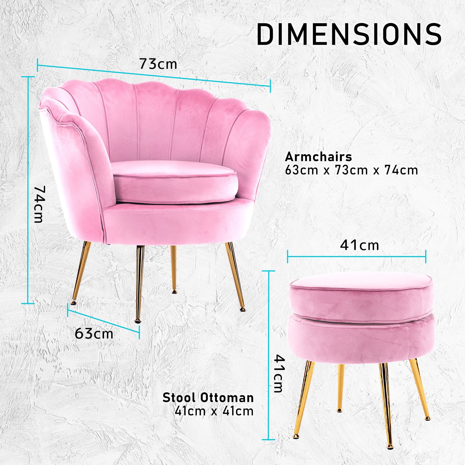 Armchair Lounge Chair Accent Velvet Shell Scallop + Round Ottoman Footstool PINK 12