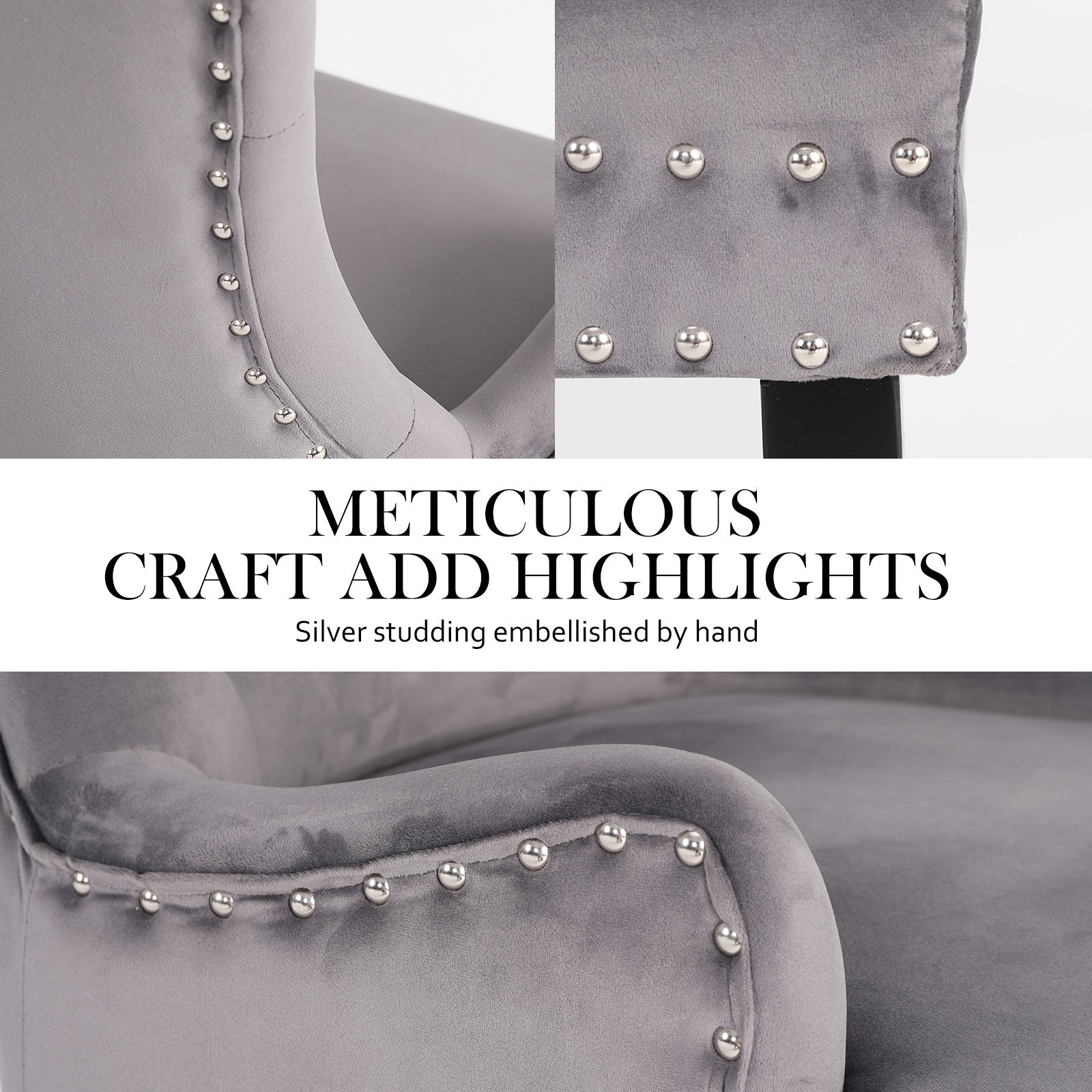 2X French Provincial Dining Chair Ring Studded Velvet Rubberwood Leg LISSE GREY 5