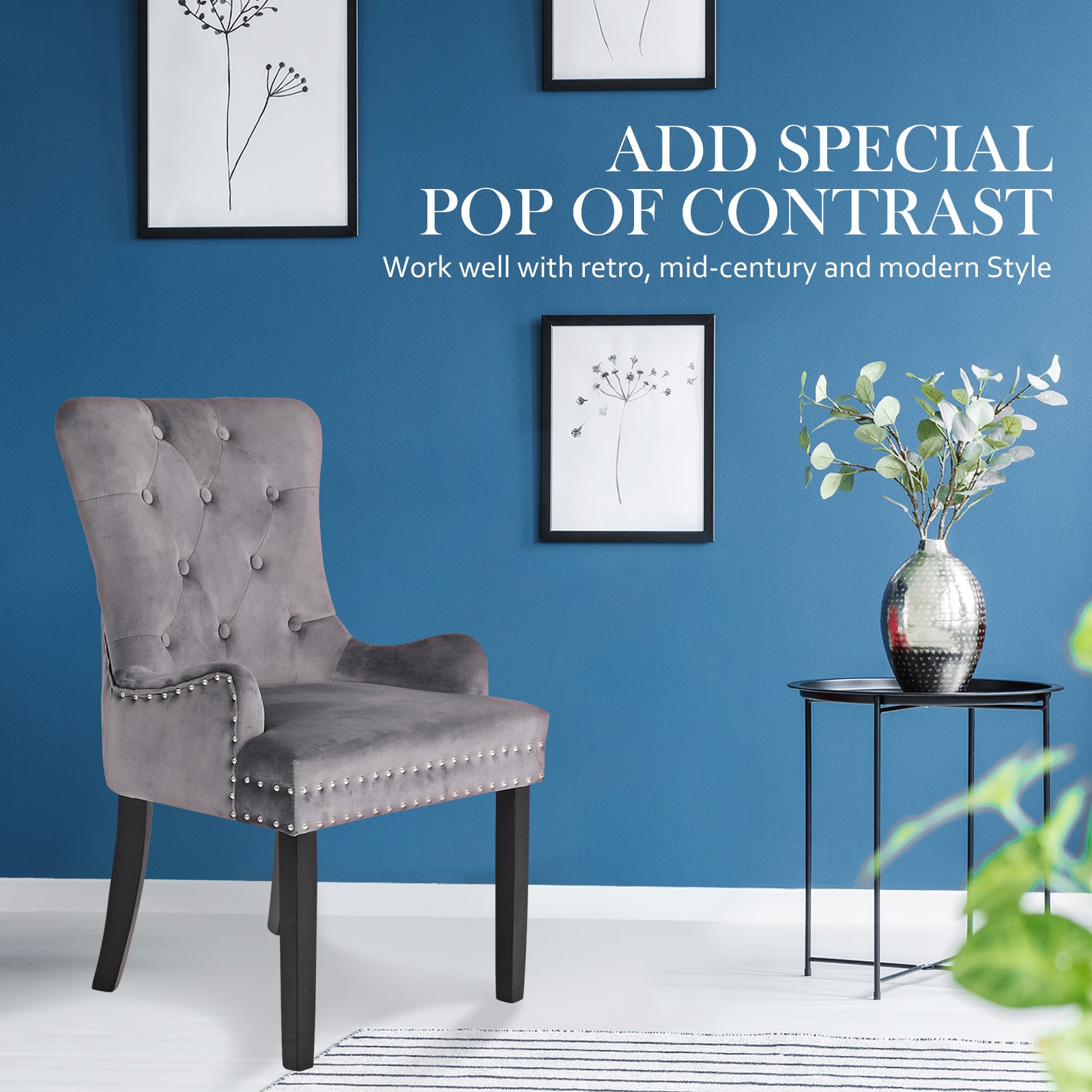 4X French Provincial Dining Chair Ring Studded Velvet Rubberwood Leg LISSE GREY 3