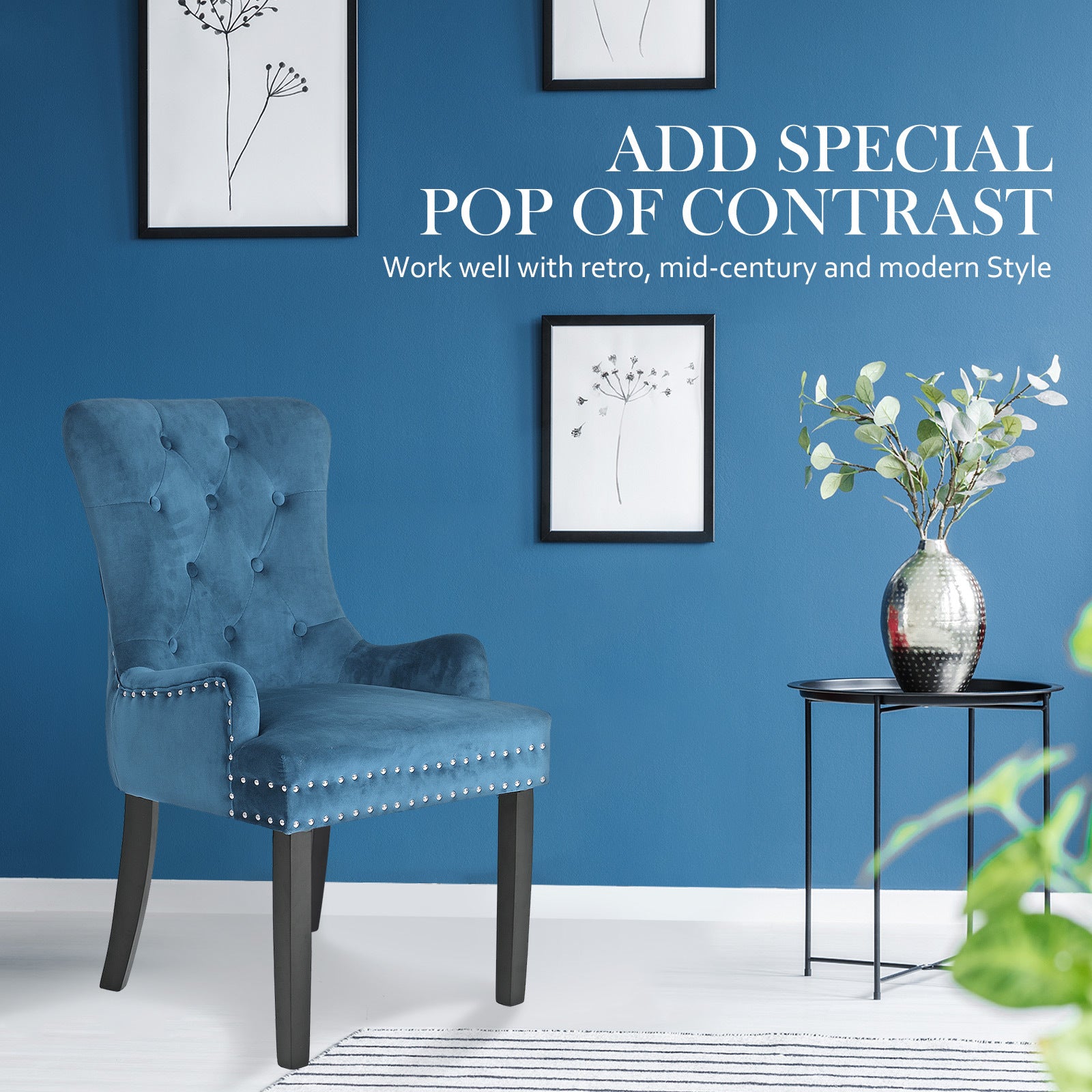 French Provincial Dining Chair Ring Studded Velvet Rubberwood Leg LISSE NAVY BLUE 3