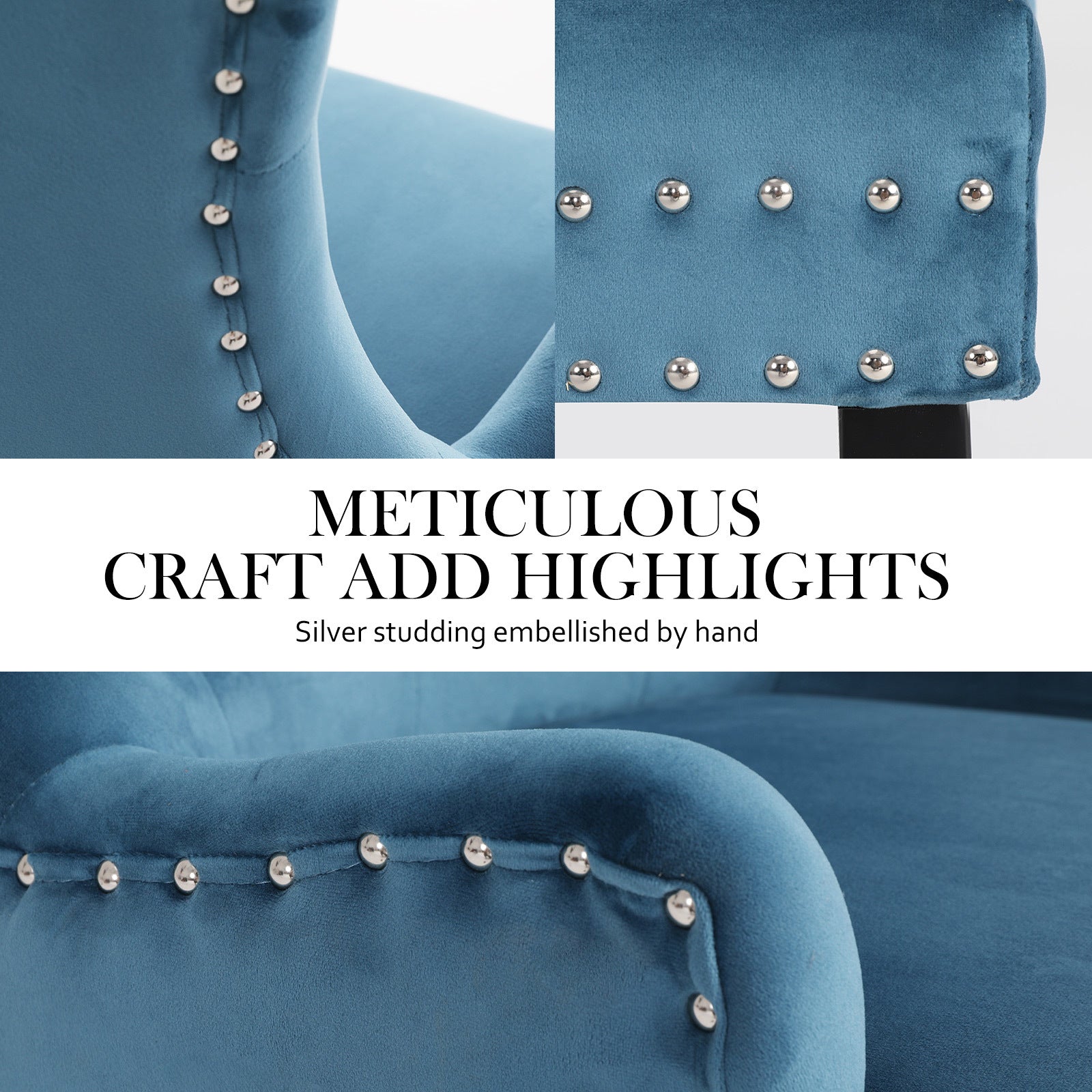 2X French Provincial Dining Chair Ring Studded Velvet Rubberwood Leg LISSE NAVY BLUE 5