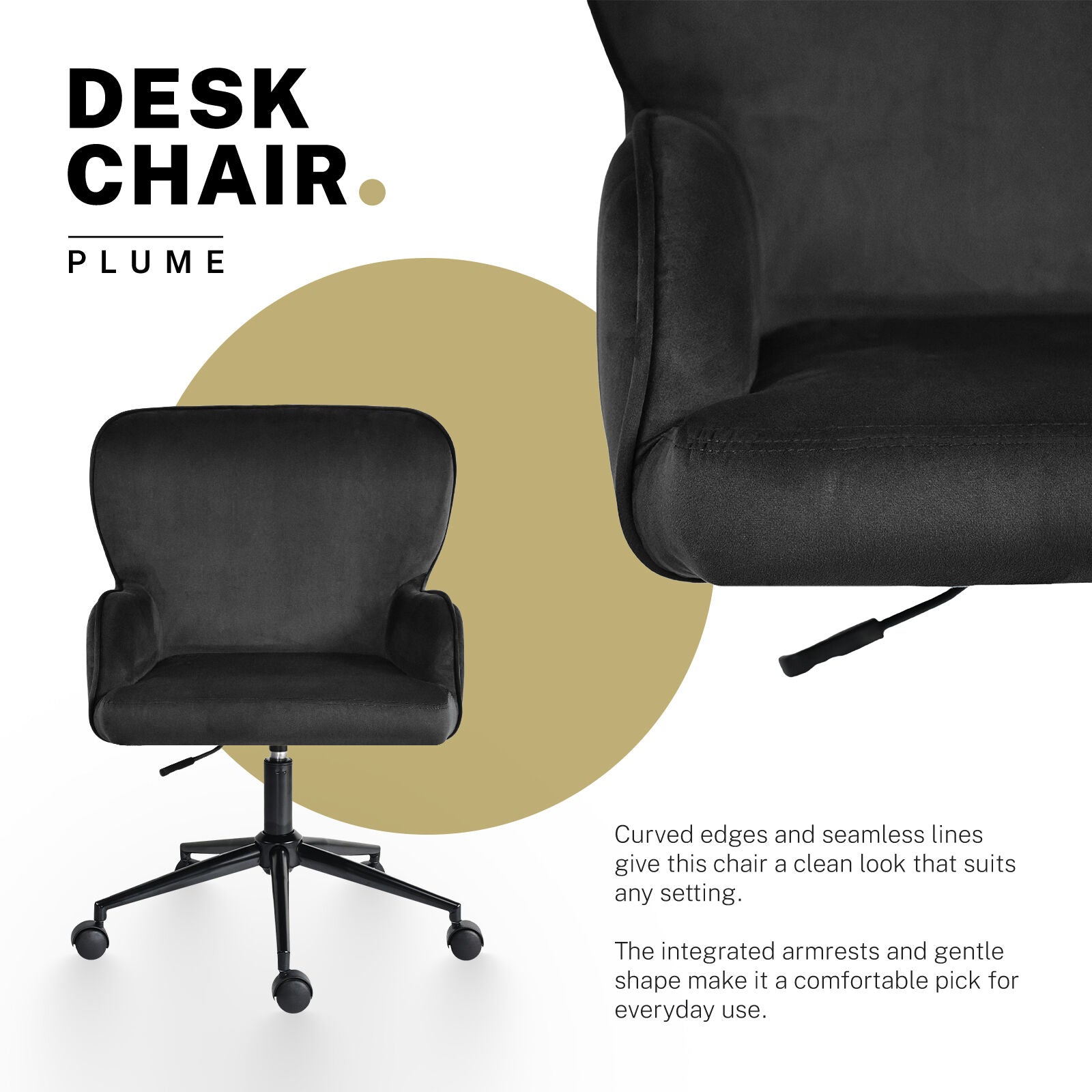 Desk Armchair - Home Office Swivel Chair Adjustable Height Seat PLUME BLACK 3