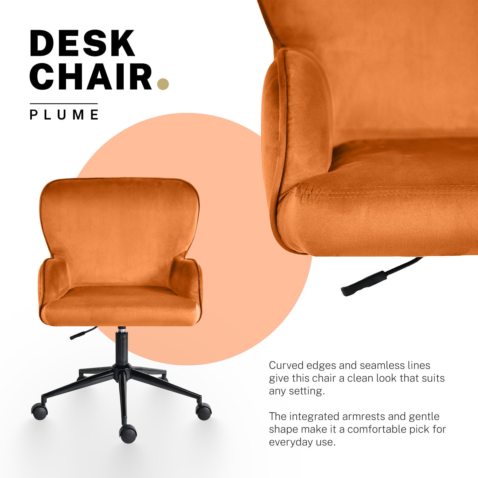 Desk Armchair - Home Office Swivel Chair Adjustable Height Seat PLUME ORANGE 3