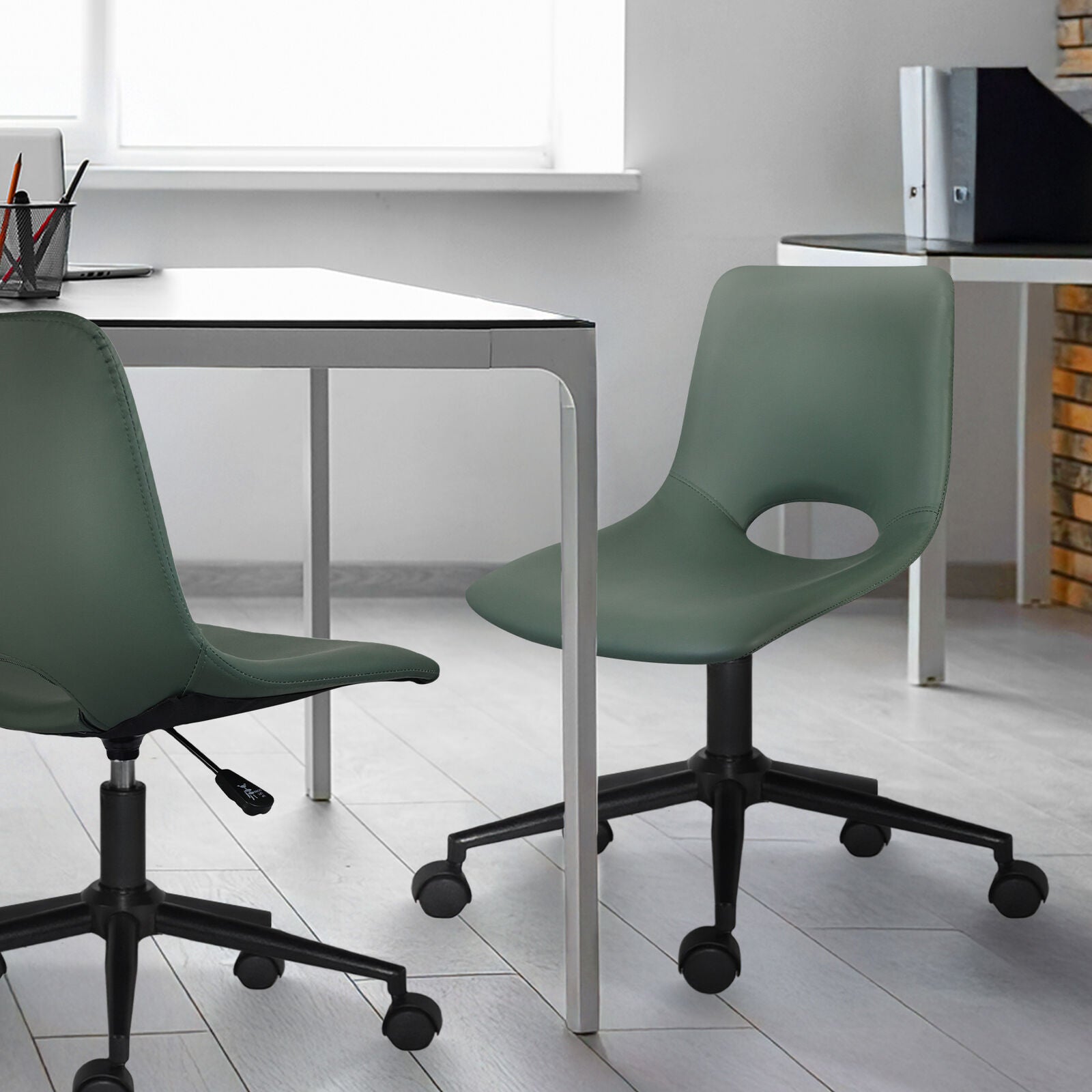 2 Set Office Desk Chair - PU Leather Home Swivel Chair Cut-Out Seat HALO GREEN 9