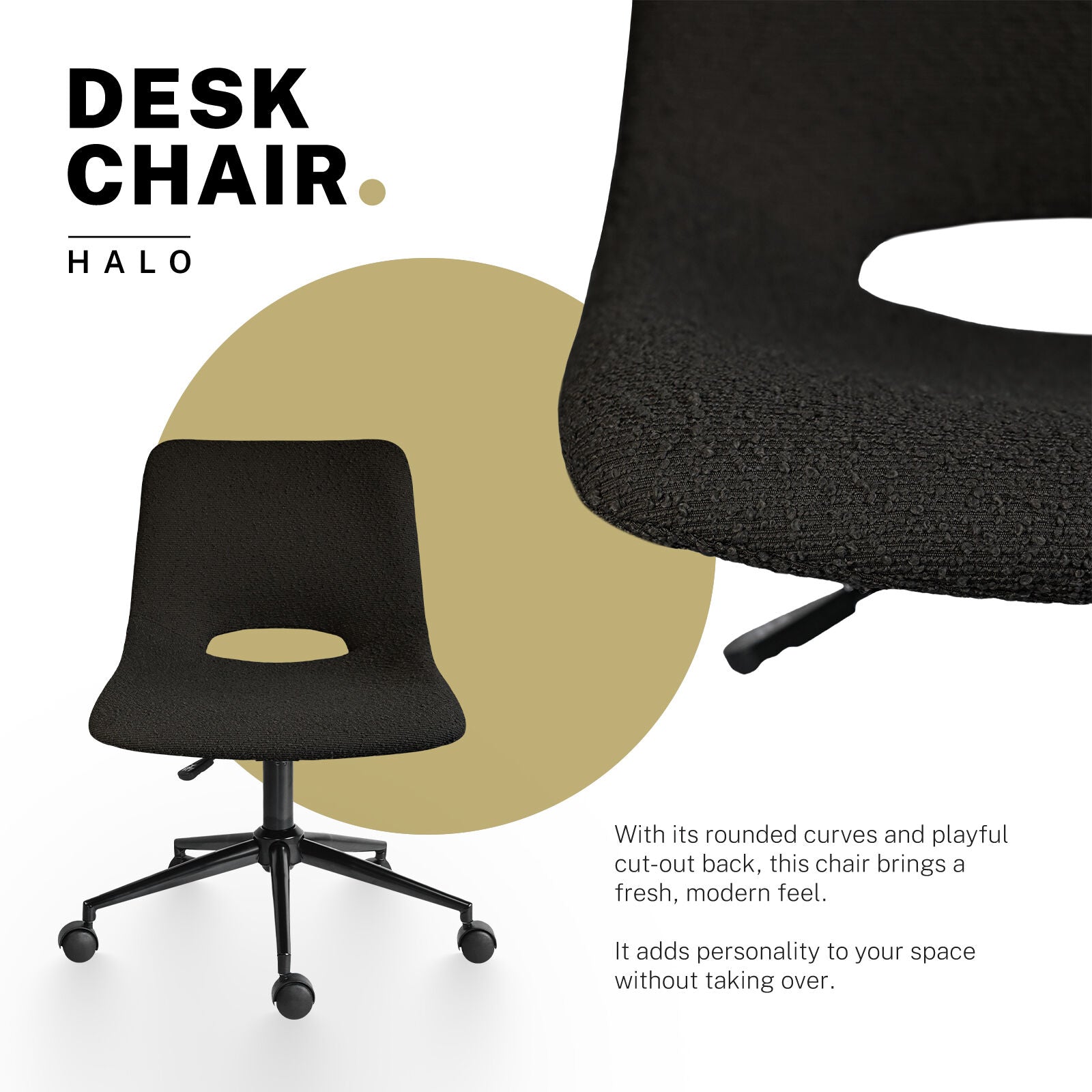 2 Set Office Desk Chair - Loop Yarn Fabric Home Swivel Chair Cut-Out Seat HALO BLACK 3