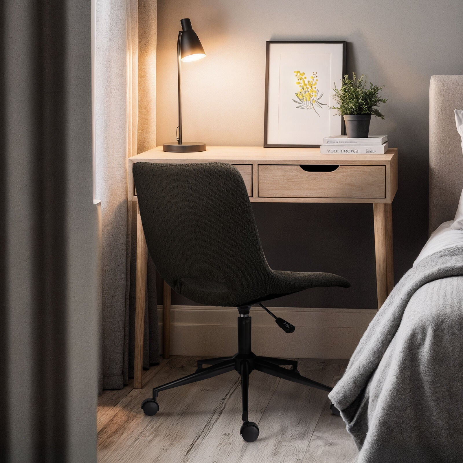 2 Set Office Desk Chair - Loop Yarn Fabric Home Swivel Chair Cut-Out Seat HALO BLACK 8