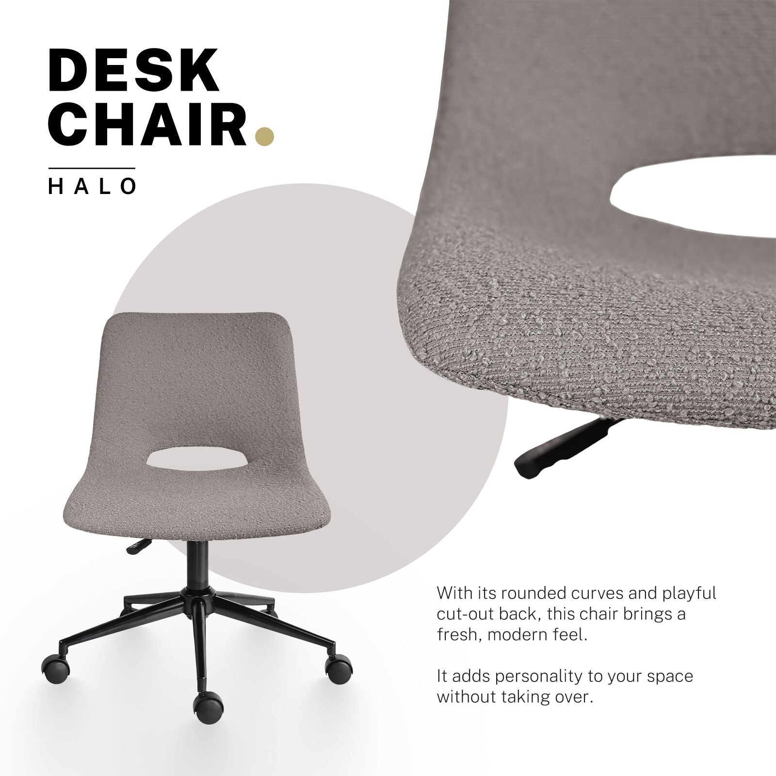 2 Set Office Desk Chair - Loop Yarn Fabric Home Swivel Chair Cut-Out Seat HALO GREY 3