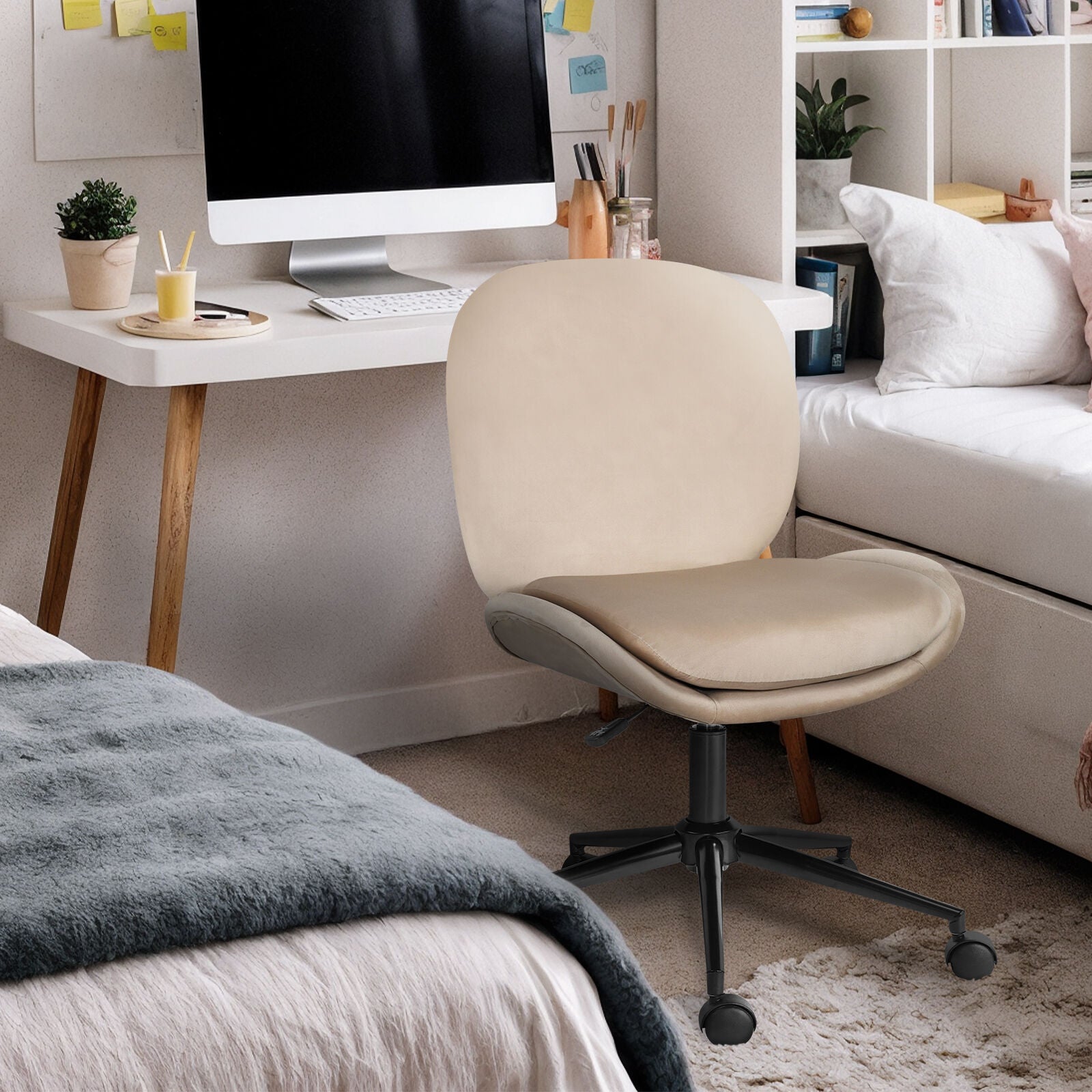 Office Desk Chair - Velvet Armless Swivel Study Seat OVOID PALE KHAKI 5