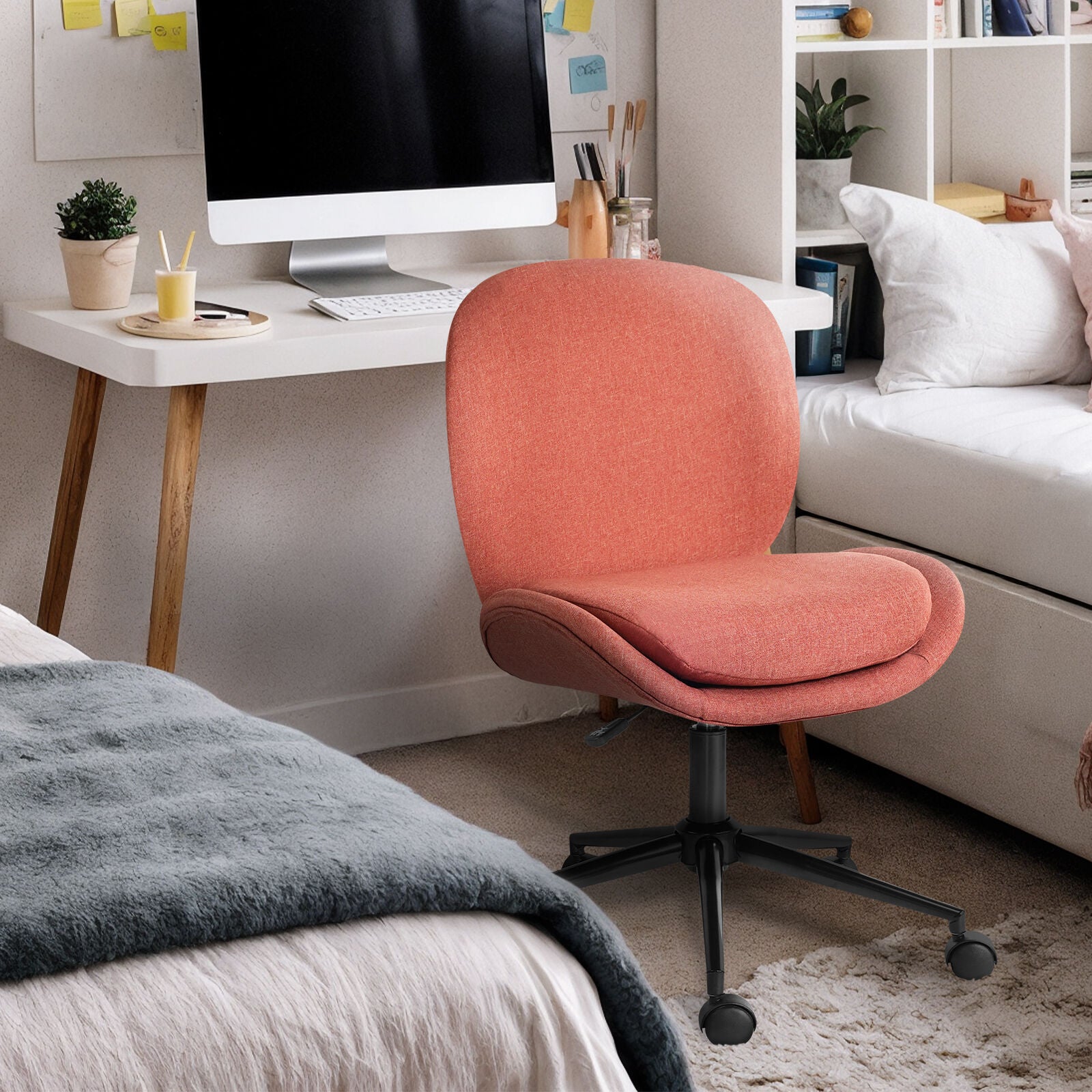 Office Desk Chair - Linen Fabric Armless Swivel Study Seat OVOID EARTHY RED 3