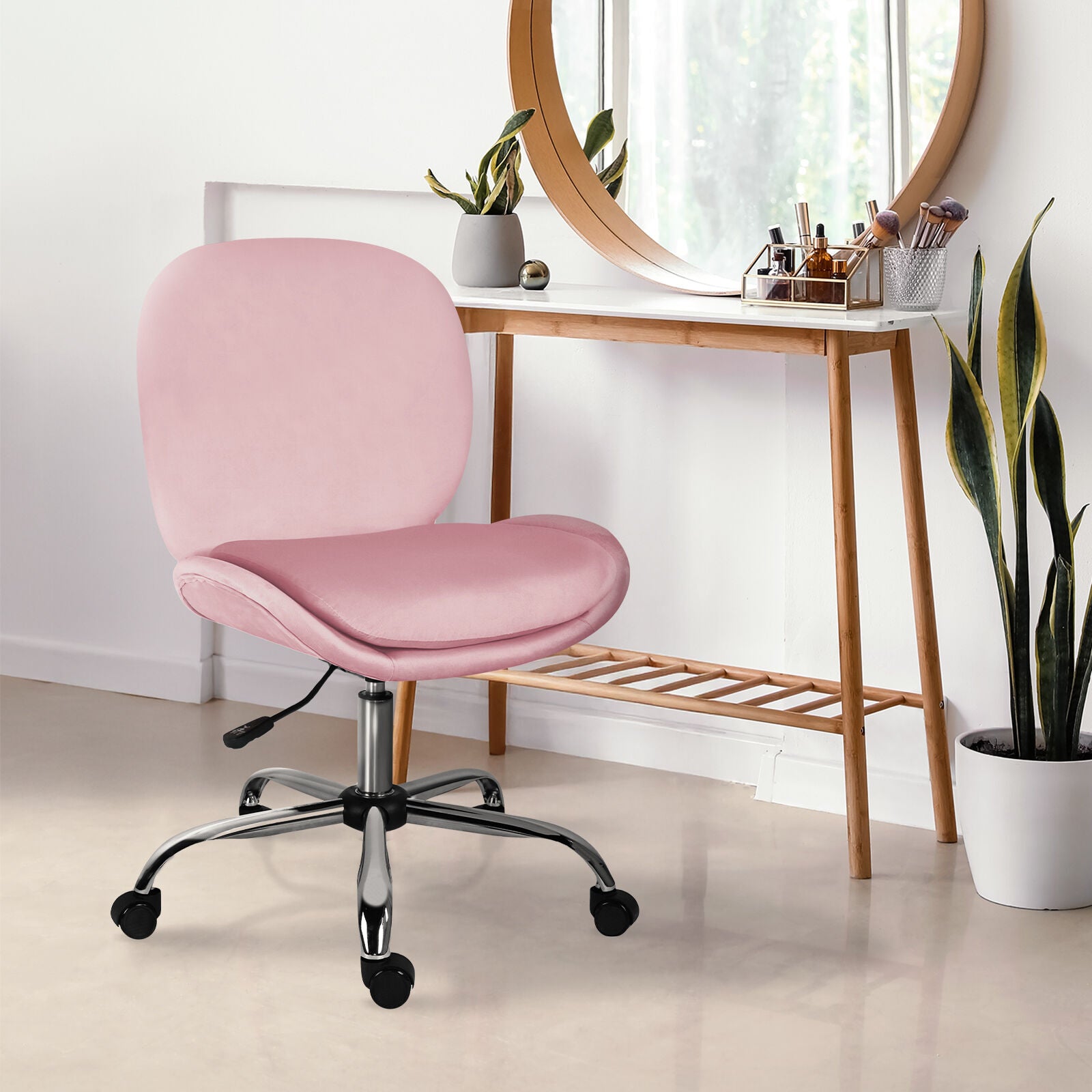 Office Desk Chair - Velvet Armless Swivel Study Seat OVOID PINK 5