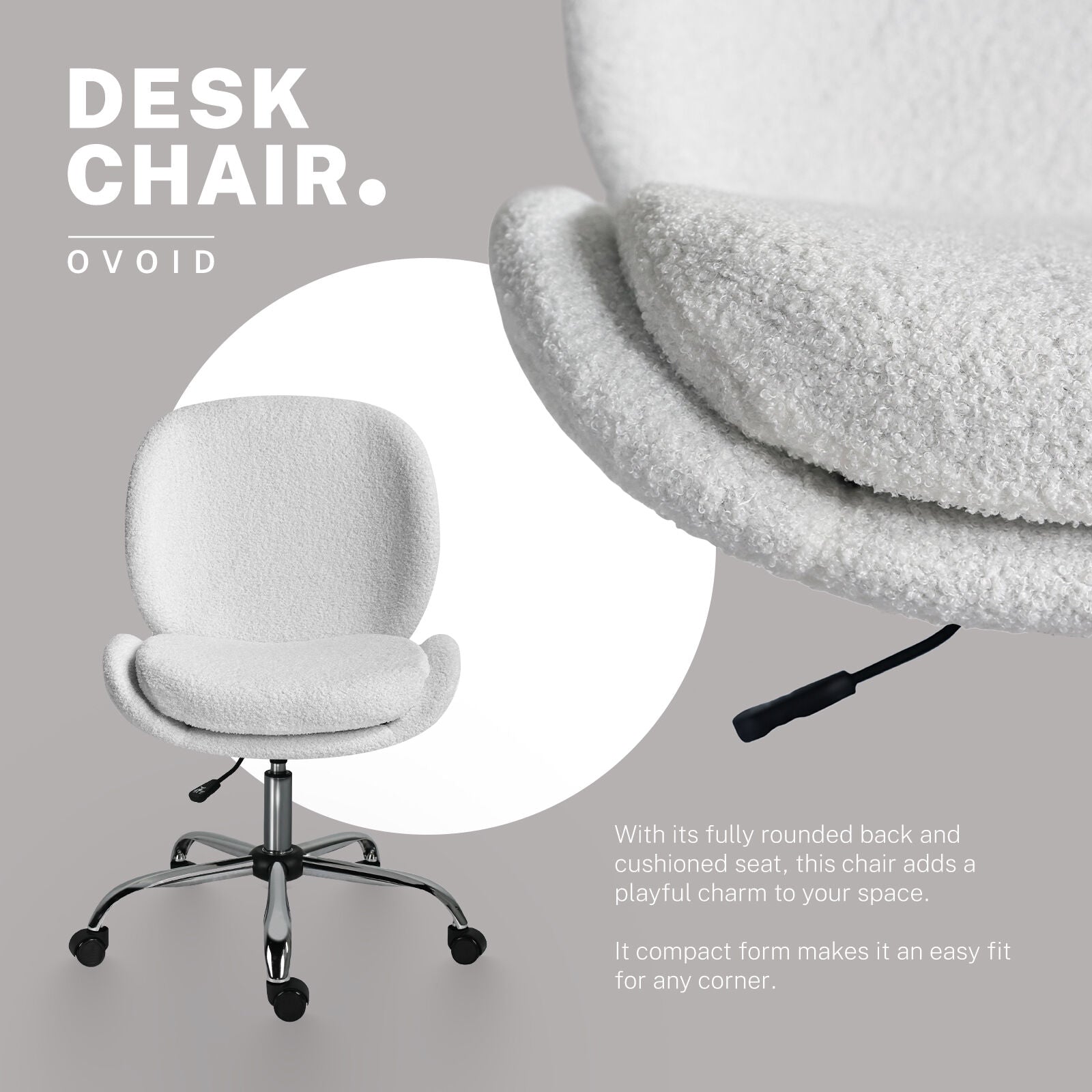 Office Desk Chair - Teddy Boucle Armless Swivel Study Seat OVOID WHITE