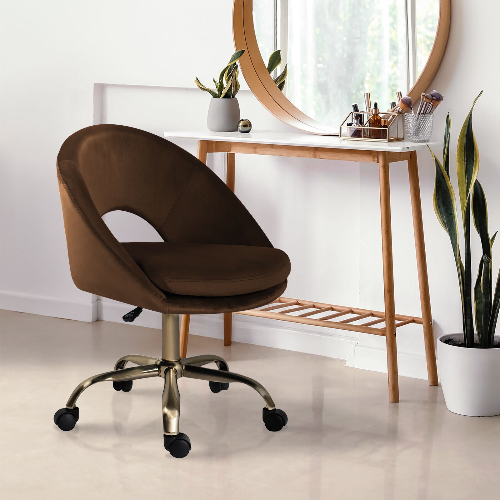 Office Desk Chair - Velvet Home Office Swivel Computer Seat COVE BROWN 5