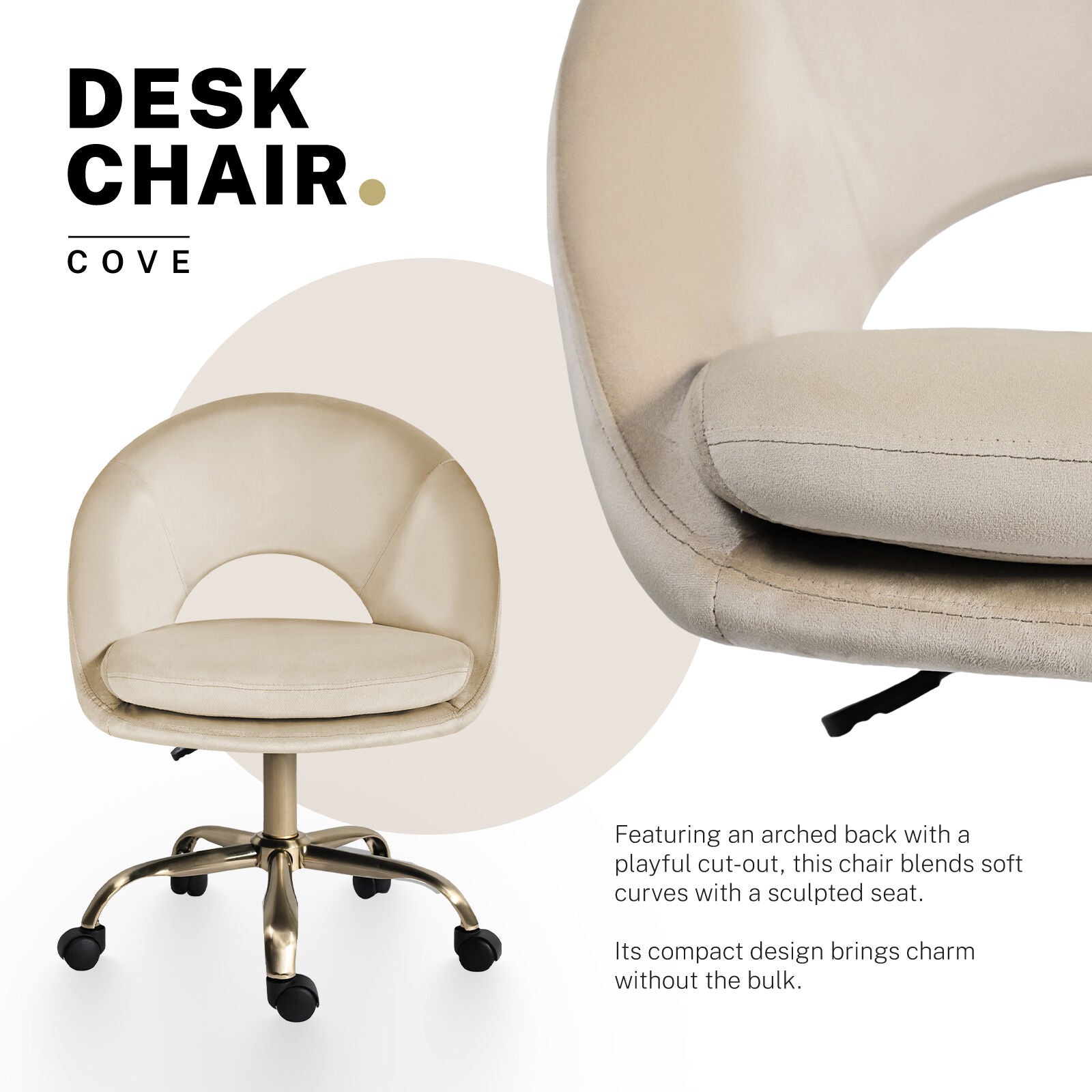 Office Desk Chair - Velvet Home Office Swivel Computer Seat COVE CREAM 3