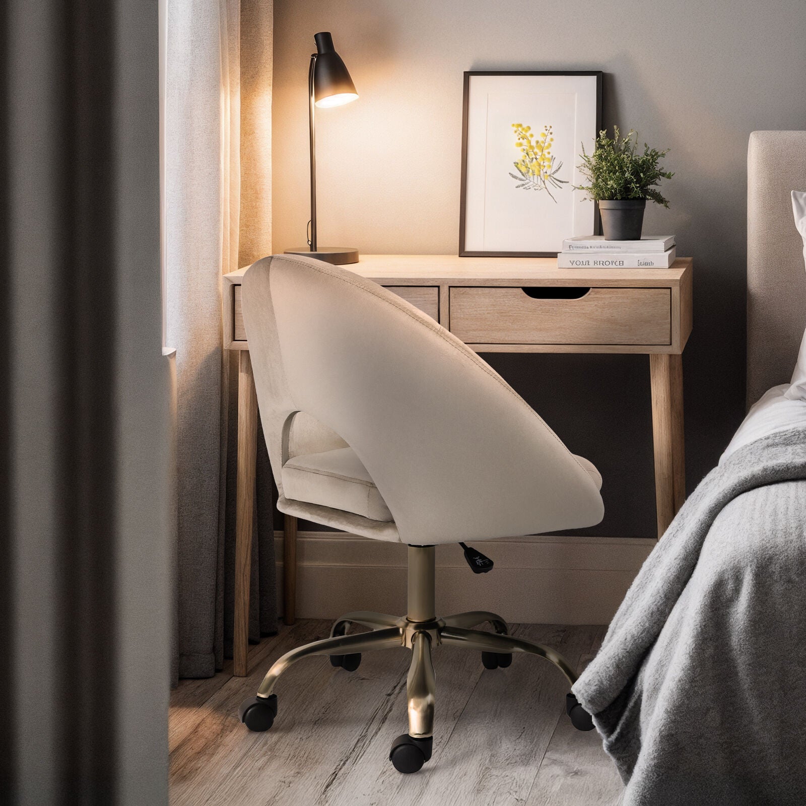 Office Desk Chair - Velvet Home Office Swivel Computer Seat COVE CREAM 7