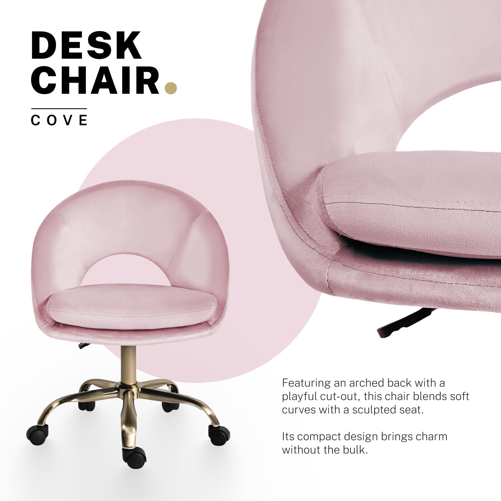Office Desk Chair - Velvet Home Office Swivel Computer Seat COVE PINK 3