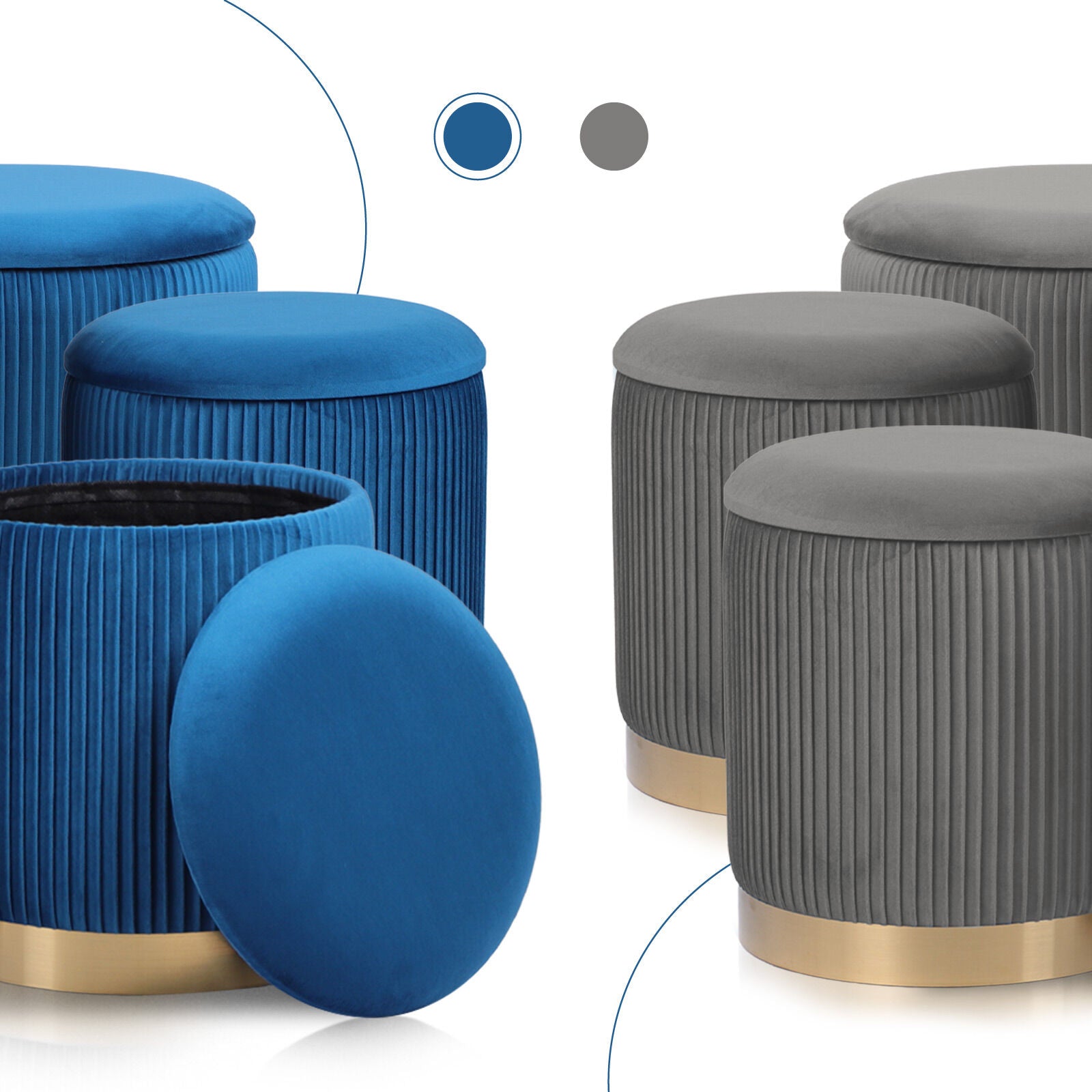 3 Piece Set Storage Ottoman - Blanket Box Velvet Padded Bench Stool FAYE BLUE 4