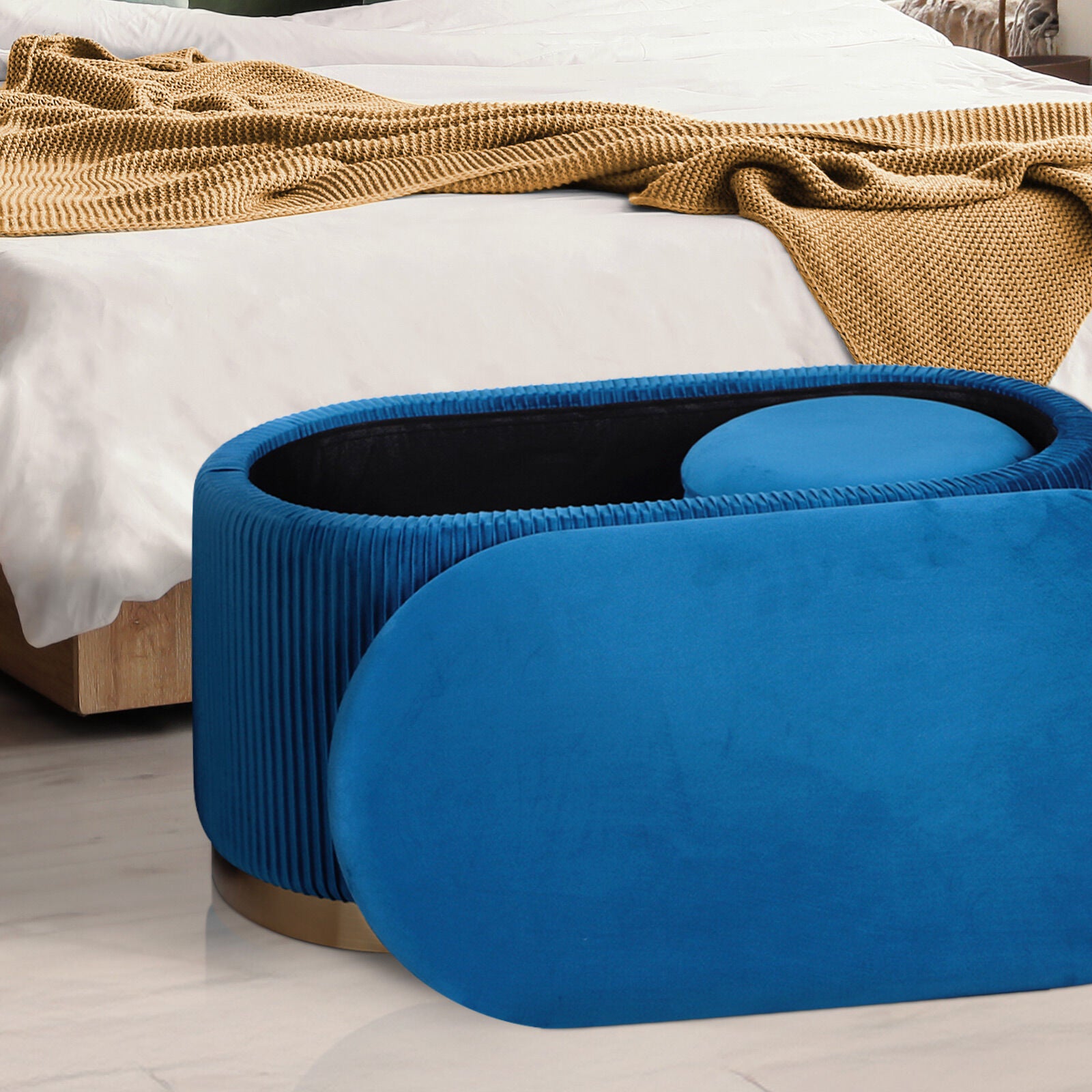 3 Piece Set Storage Ottoman - Blanket Box Velvet Padded Bench Stool FAYE BLUE 5