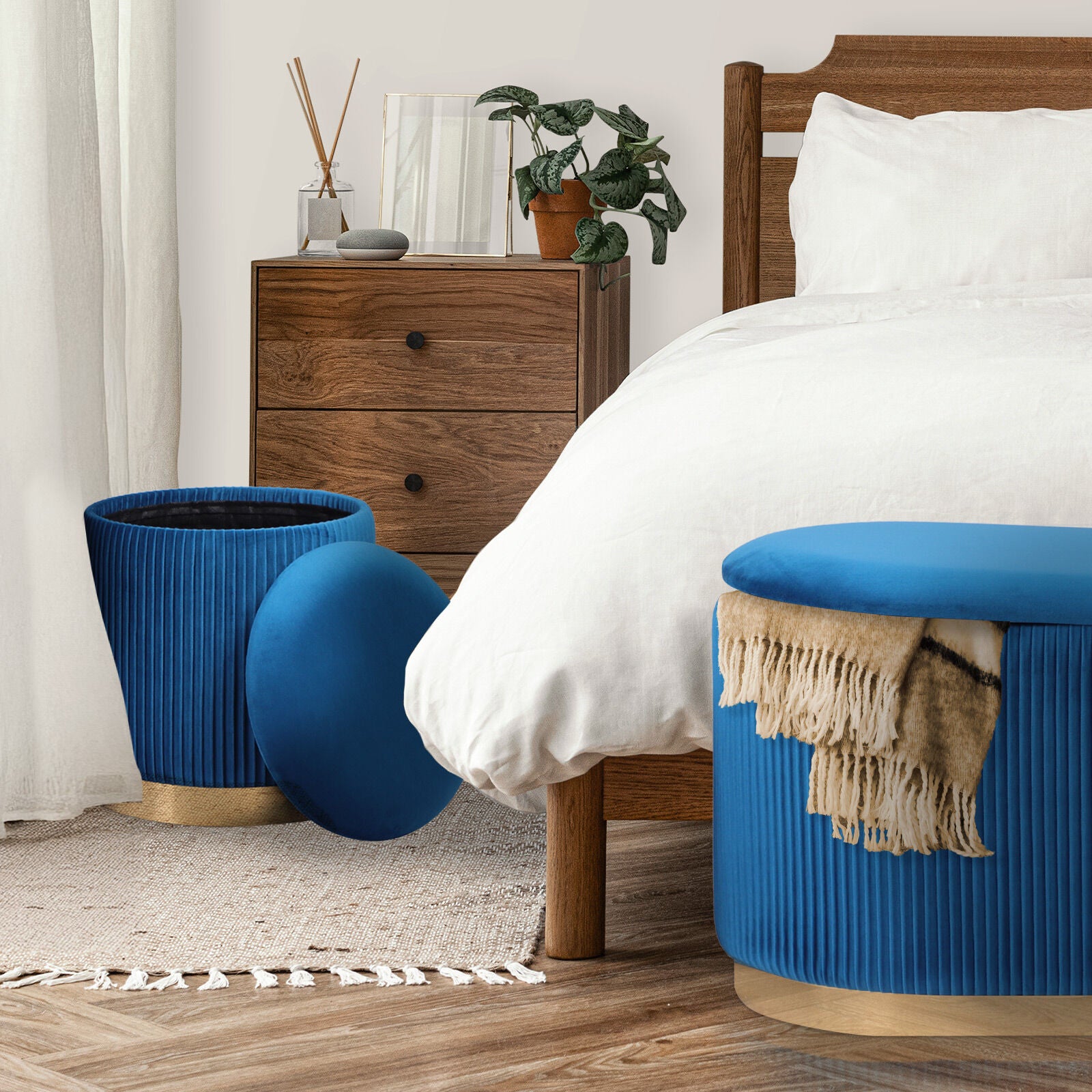 3 Piece Set Storage Ottoman - Blanket Box Velvet Padded Bench Stool FAYE BLUE 6