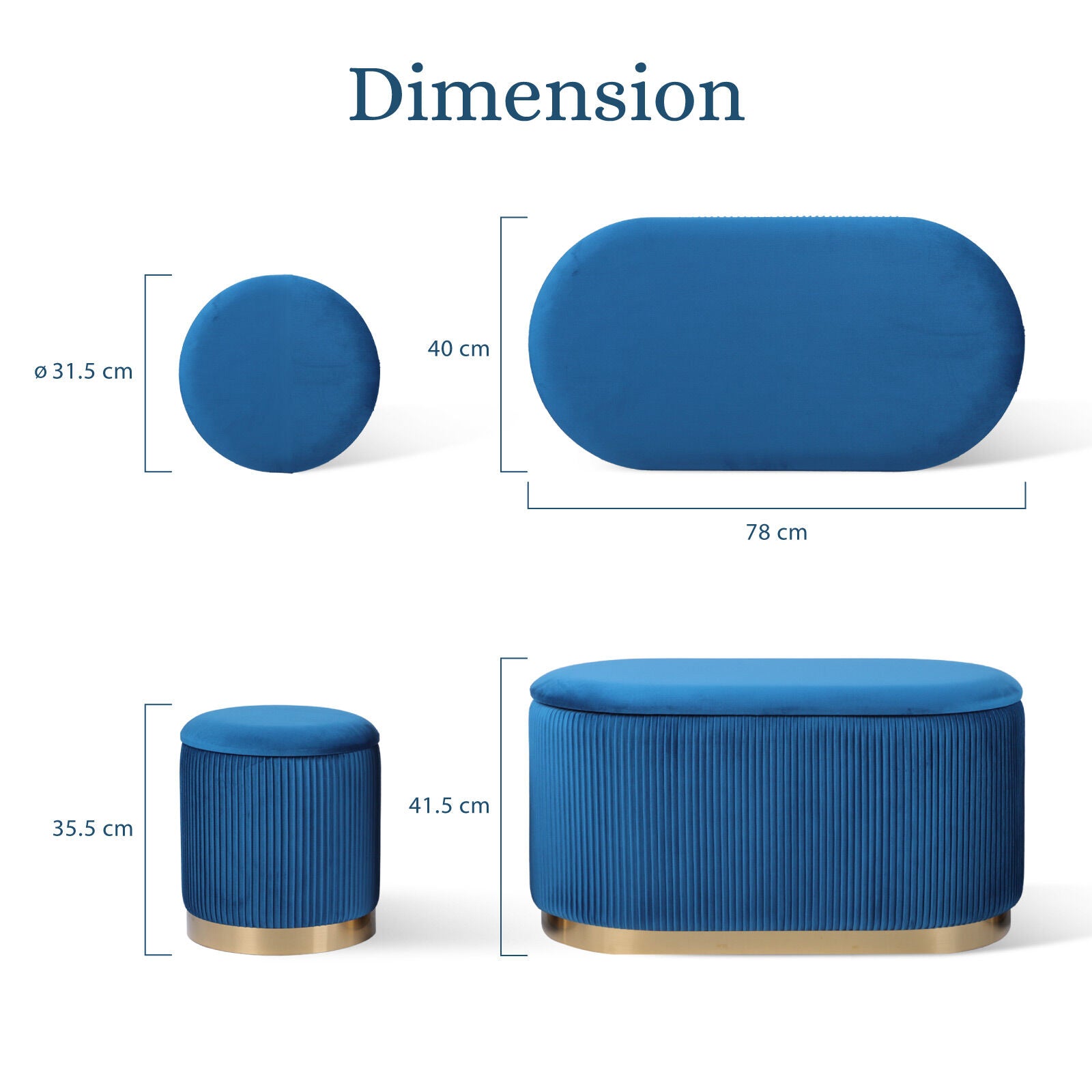 3 Piece Set Storage Ottoman - Blanket Box Velvet Padded Bench Stool FAYE BLUE 11