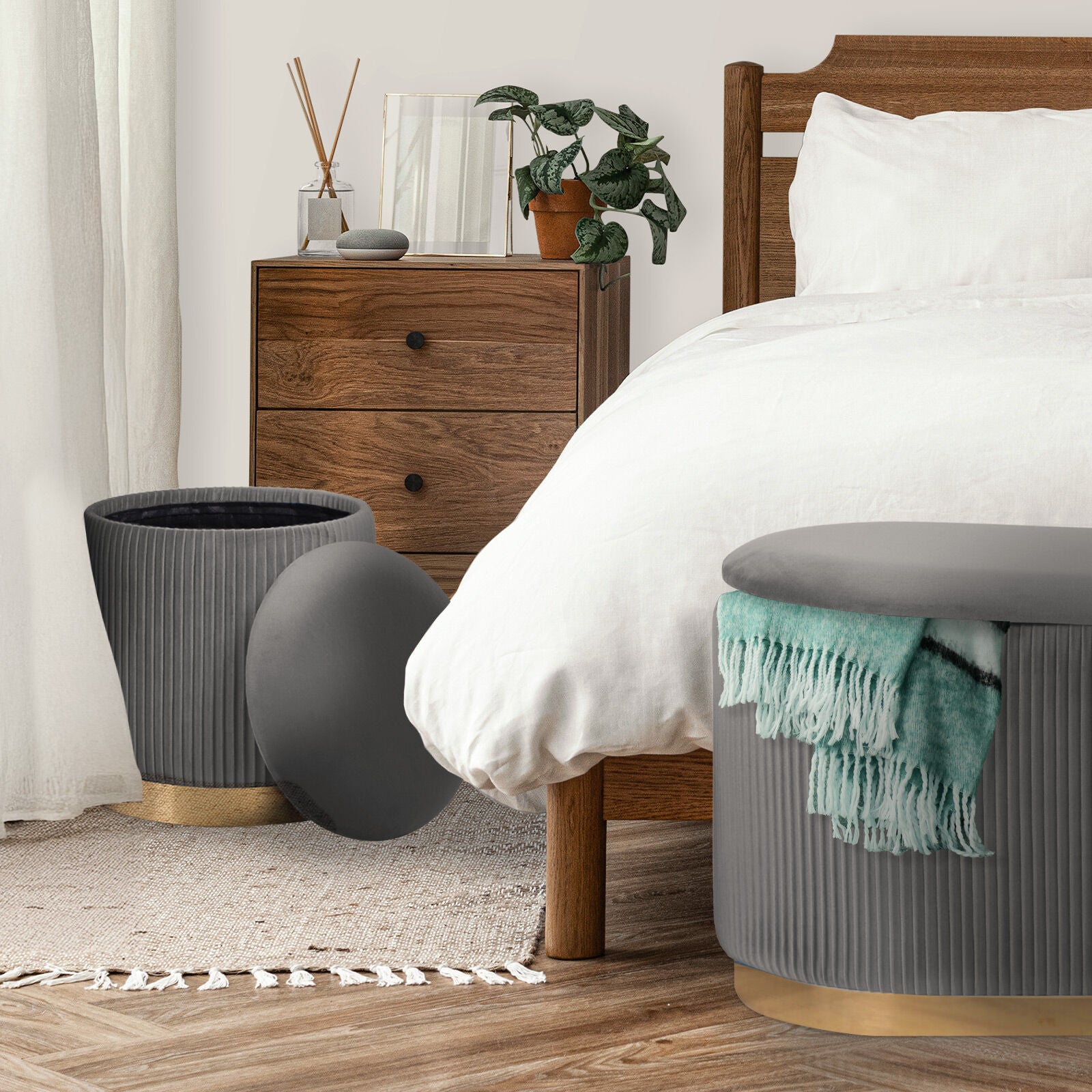 3 Piece Set Storage Ottoman - Blanket Box Velvet Padded Bench Stool FAYE GREY 6