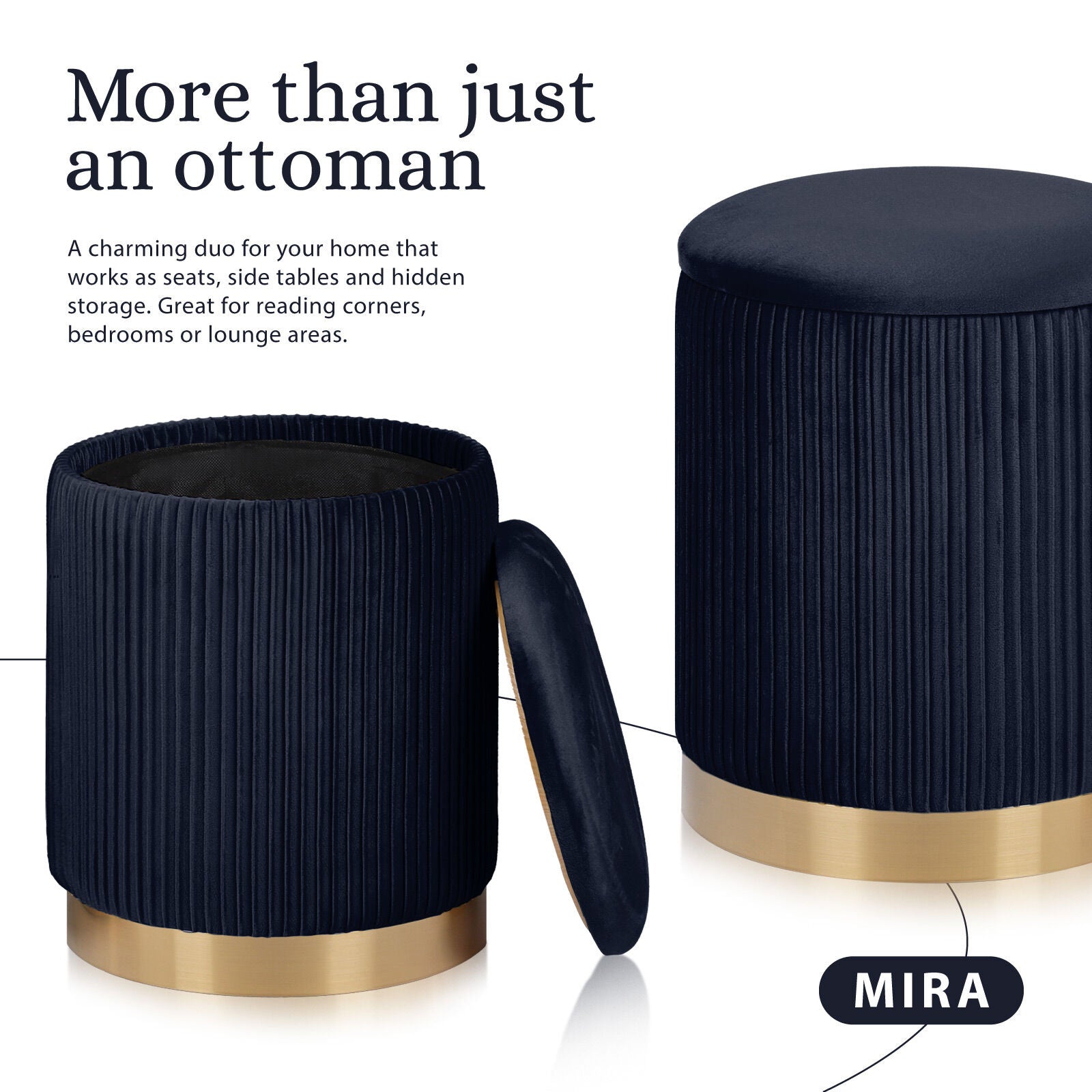 2X Side Table Storage Ottoman - Velvet Stool MIRA Black 3