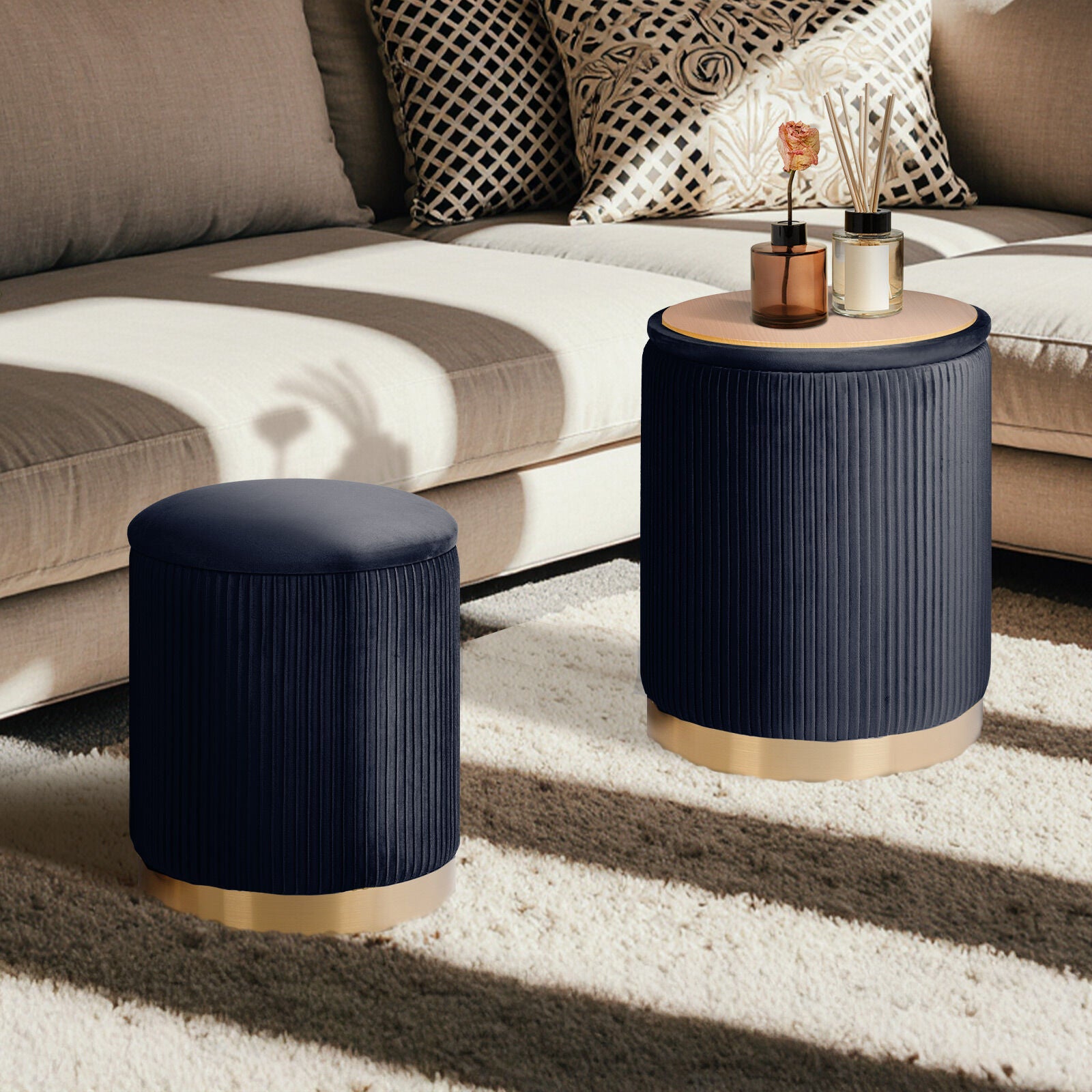 2X Side Table Storage Ottoman - Velvet Stool MIRA Black 6