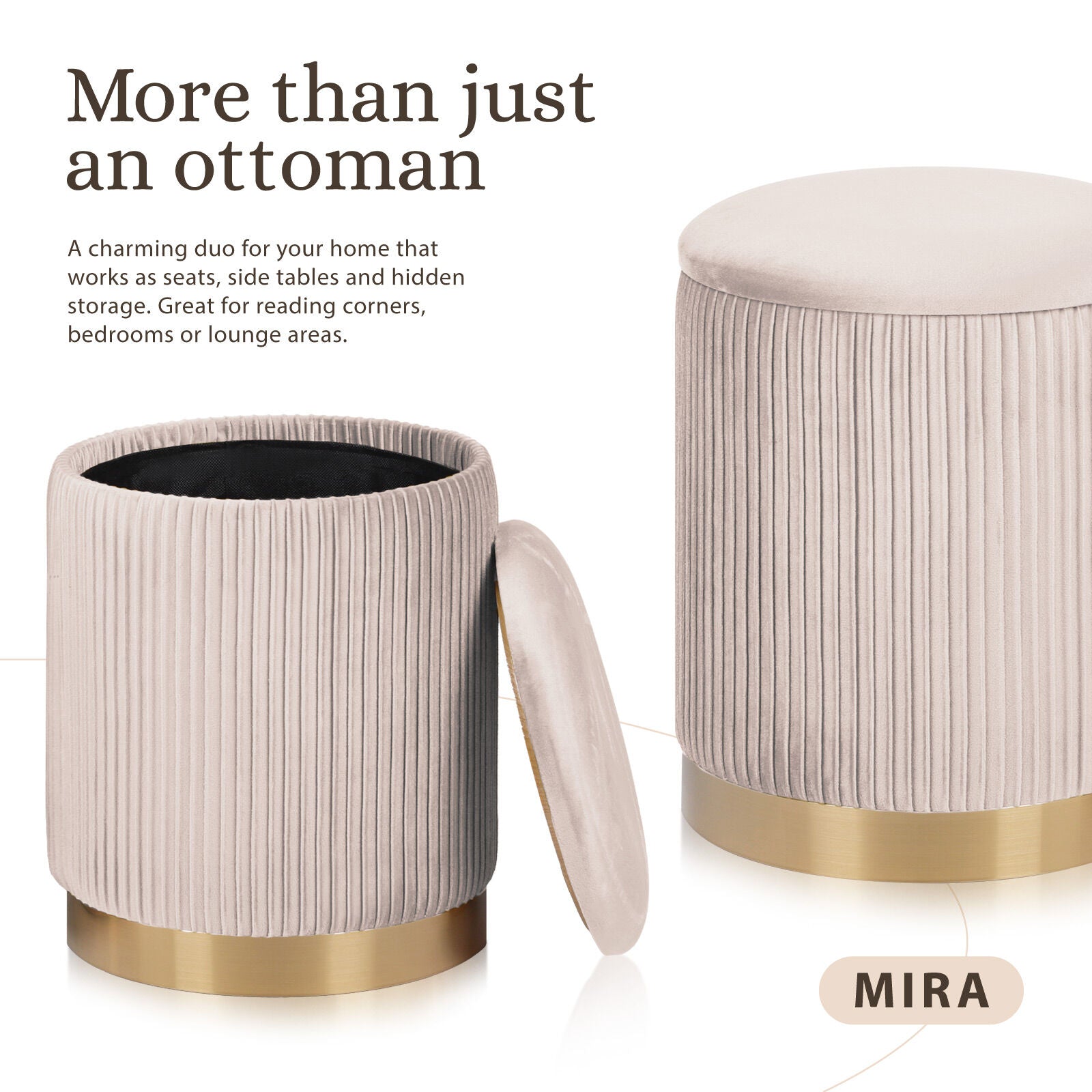 2X Side Table Storage Ottoman - Velvet Stool MIRA Cream 3