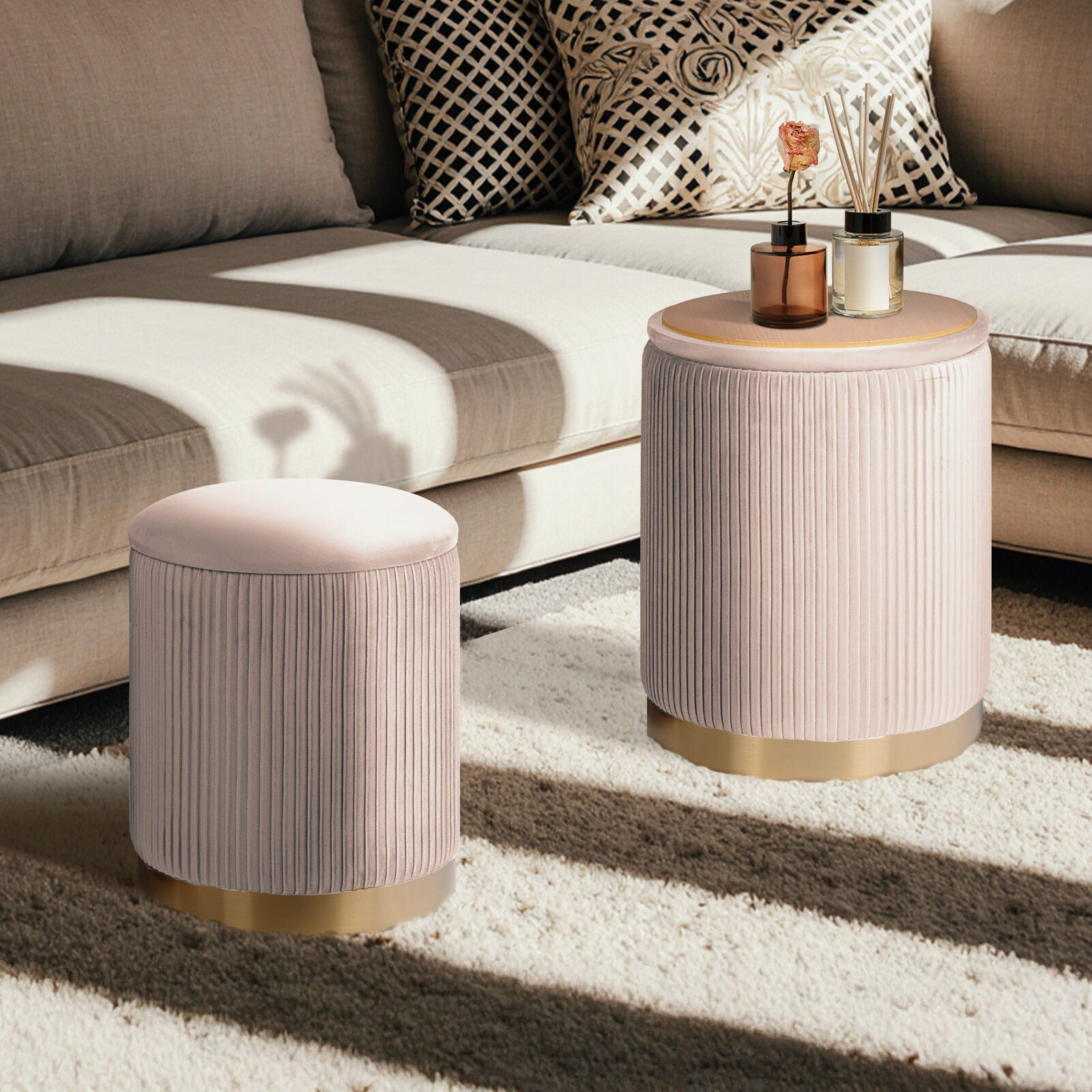 2X Side Table Storage Ottoman - Velvet Stool MIRA Cream 7