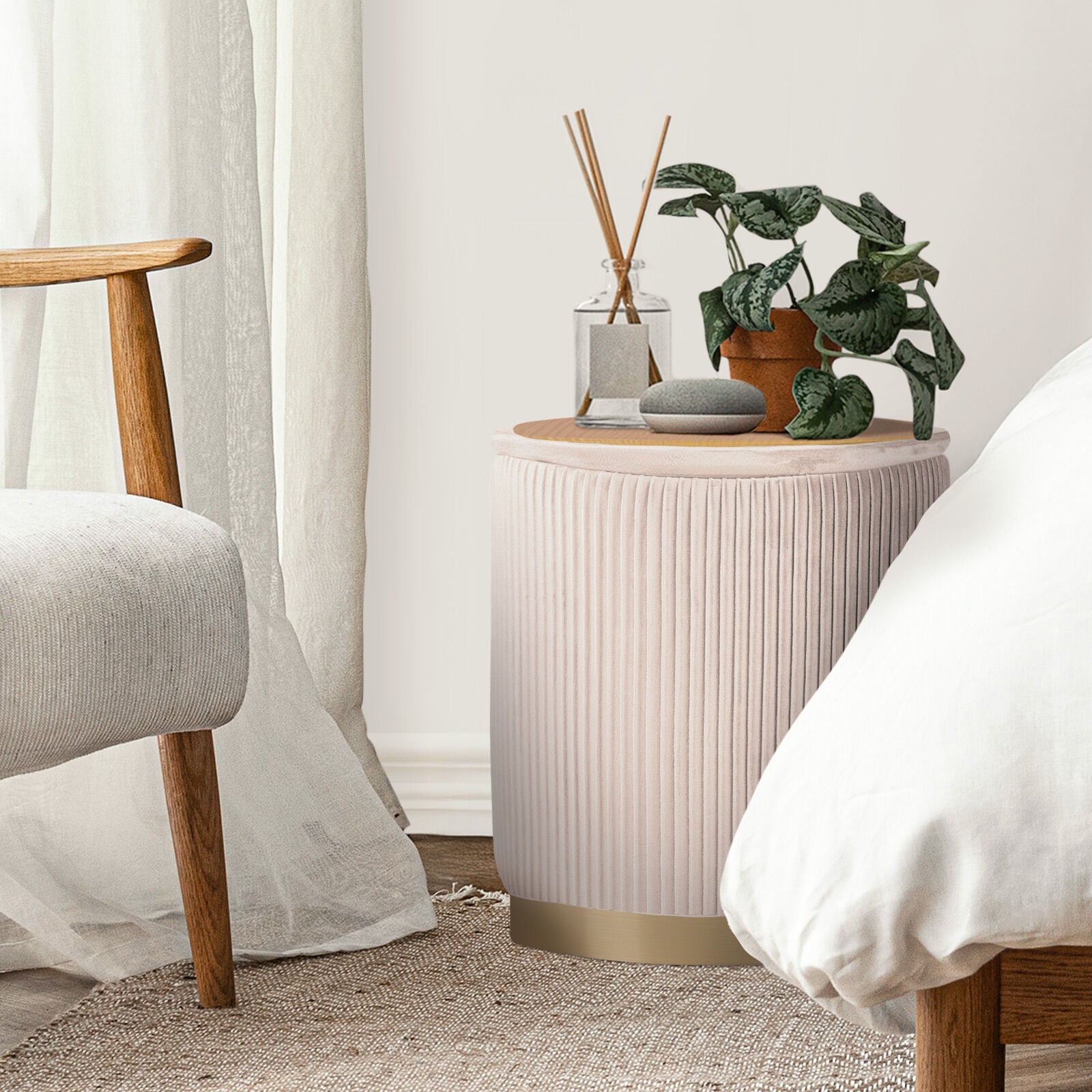 2X Side Table Storage Ottoman - Velvet Stool MIRA Cream 9