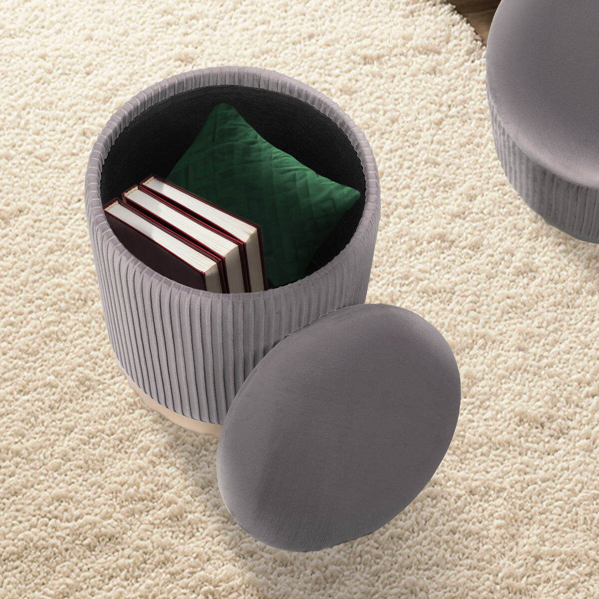 2X Side Table Storage Ottoman - Velvet Stool MIRA Grey 5